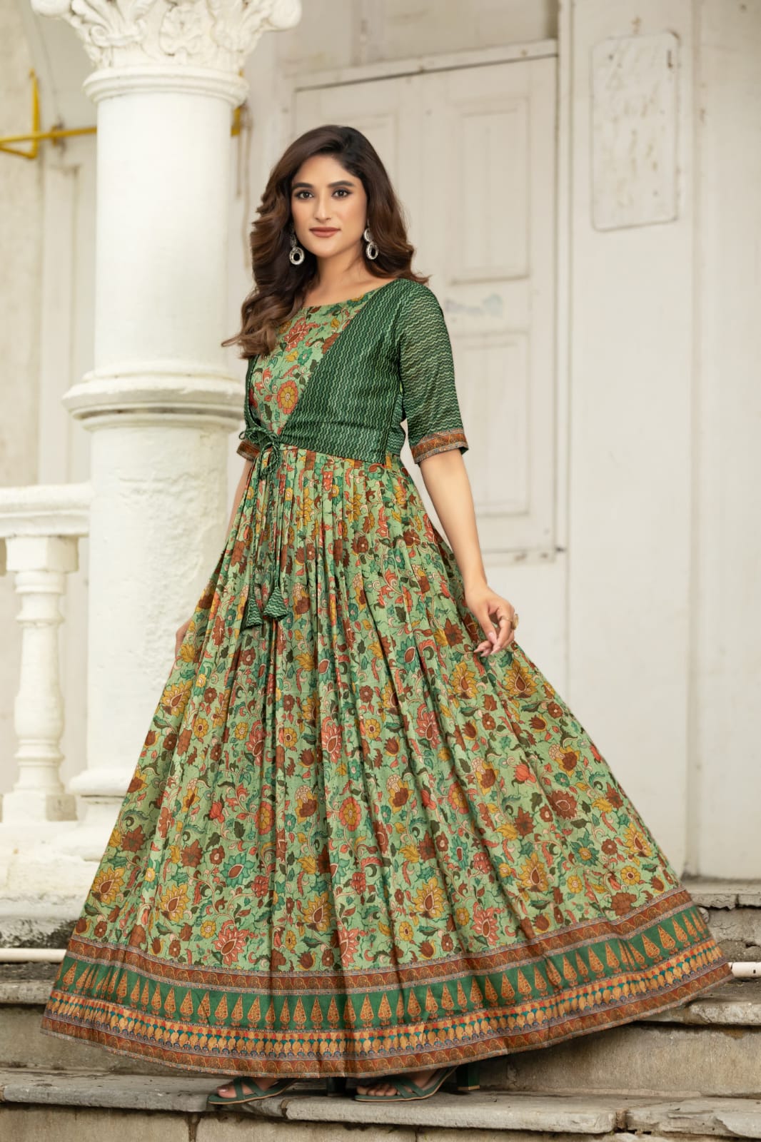Green Pure Silk Blend Anarkali Gown