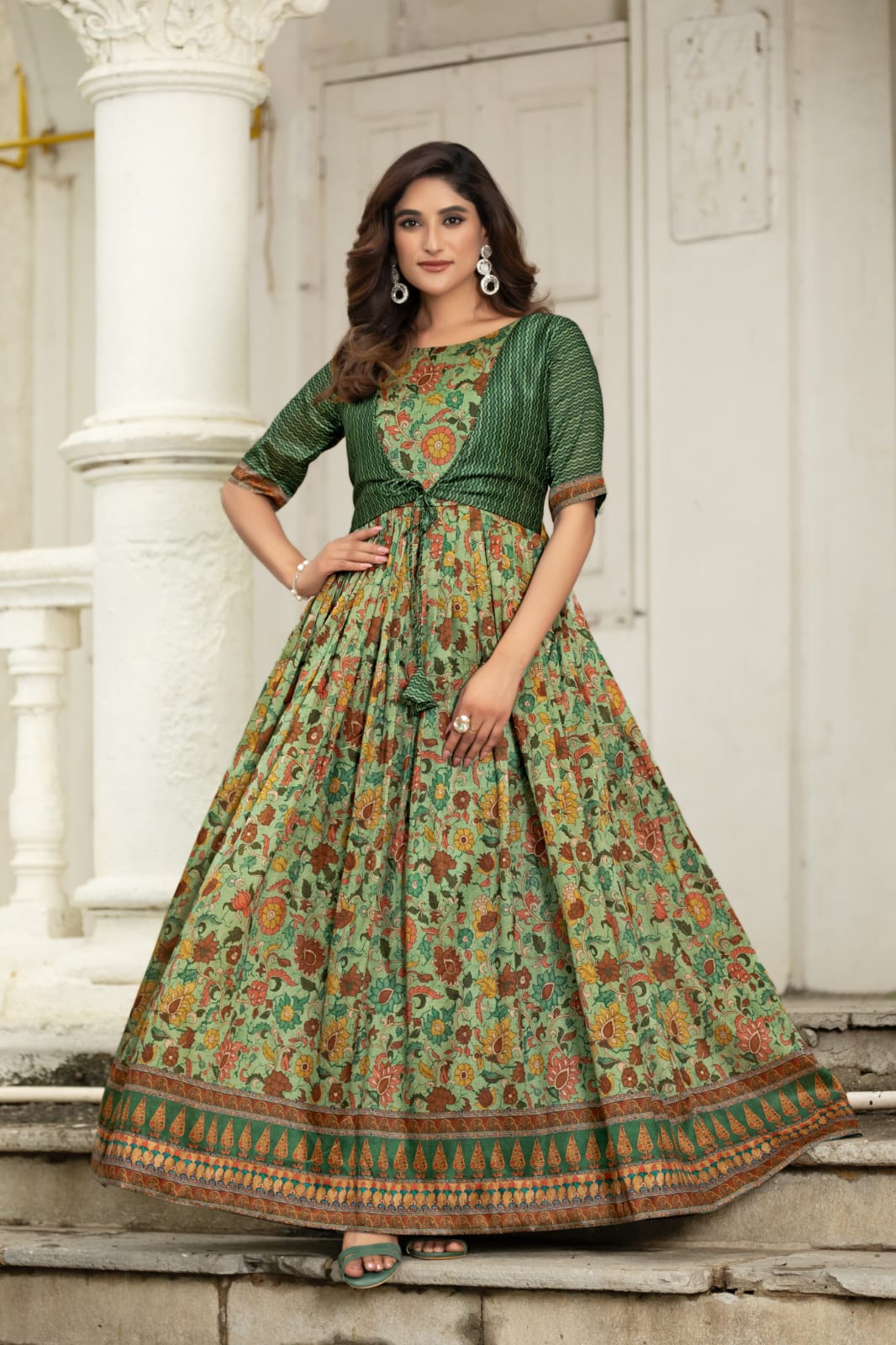 Green Pure Silk Blend Anarkali Gown
