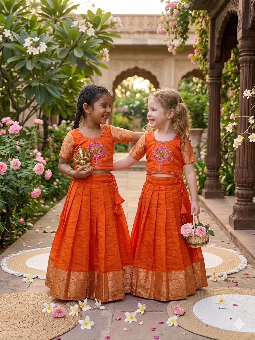 Orange Pure Kota Cheks Maggam Work Kids Gown