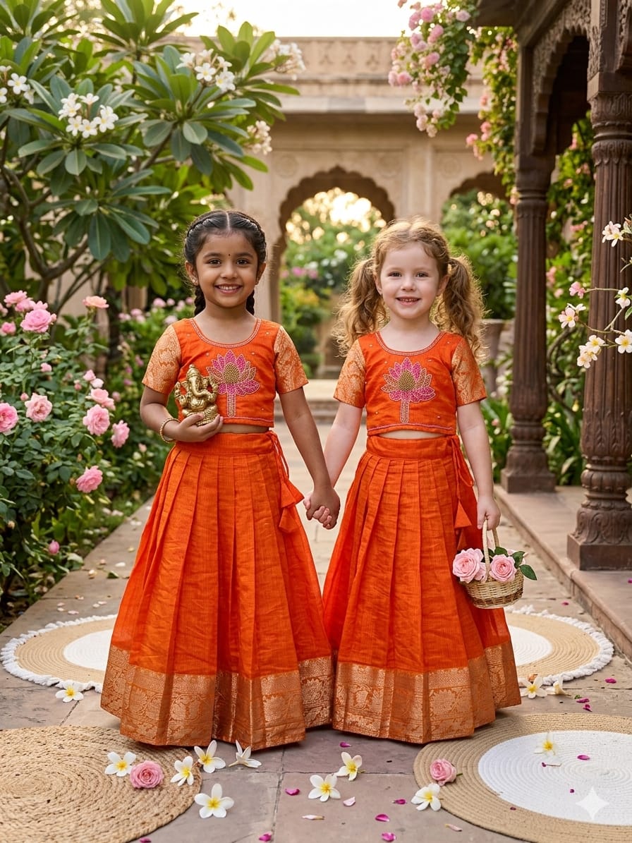 Orange Pure Kota Cheks Maggam Work Kids Gown