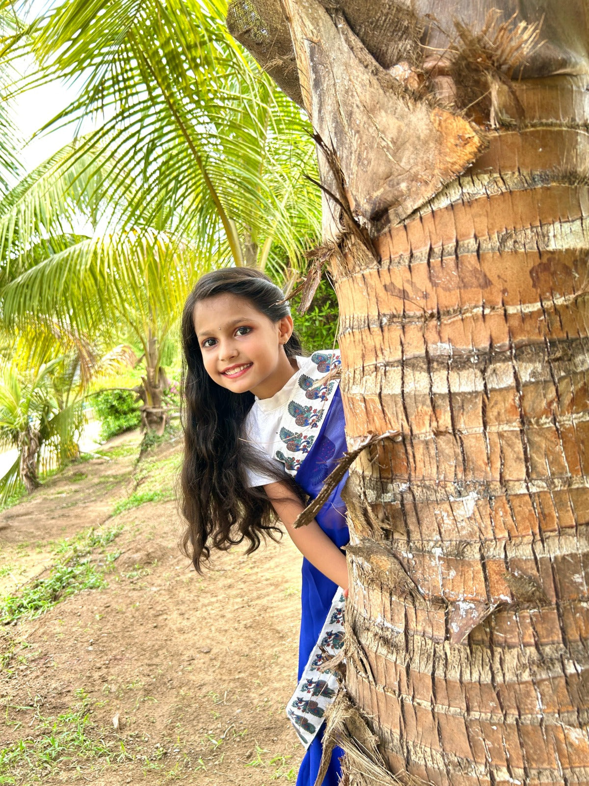 Blue Pure Dola Silk Print Kids Ready to Wear Saree