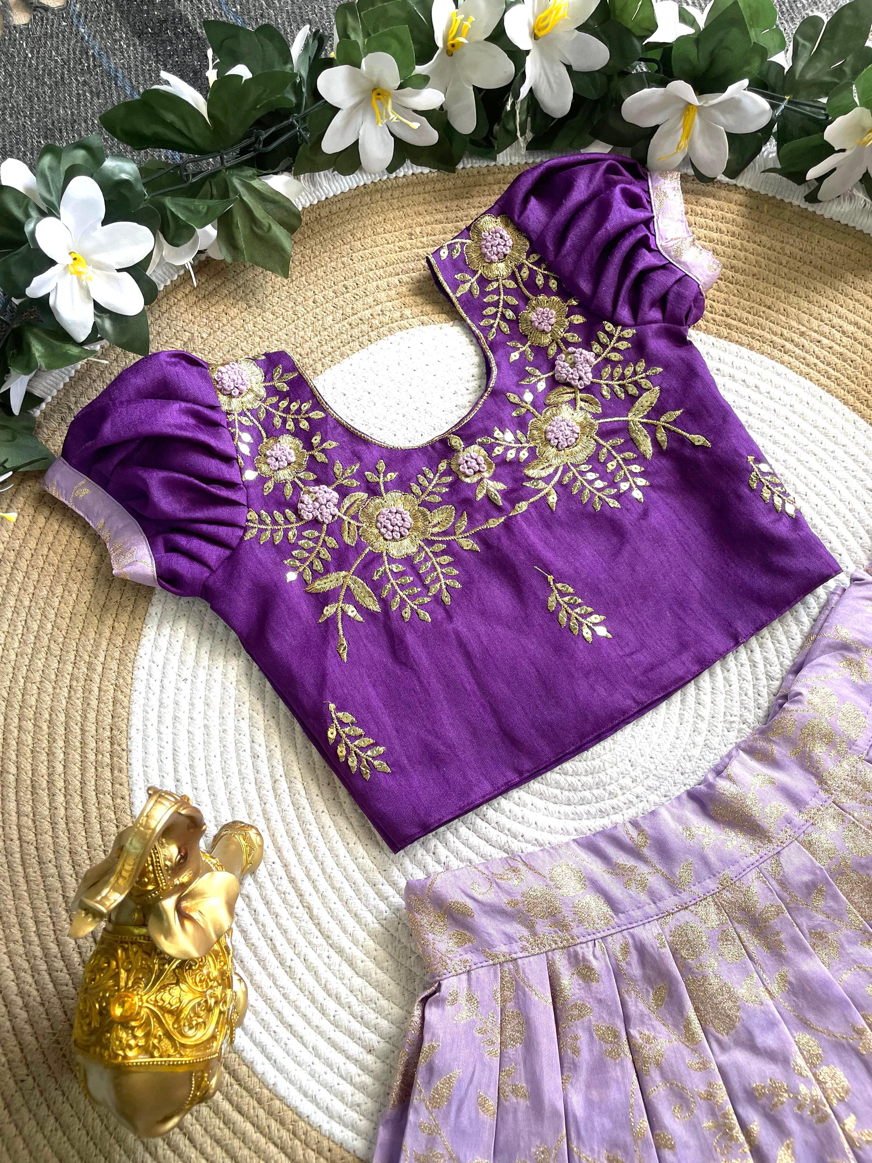 Purple Pure Mona Silk Heavy Maggam Work Kids Lehenga Choli