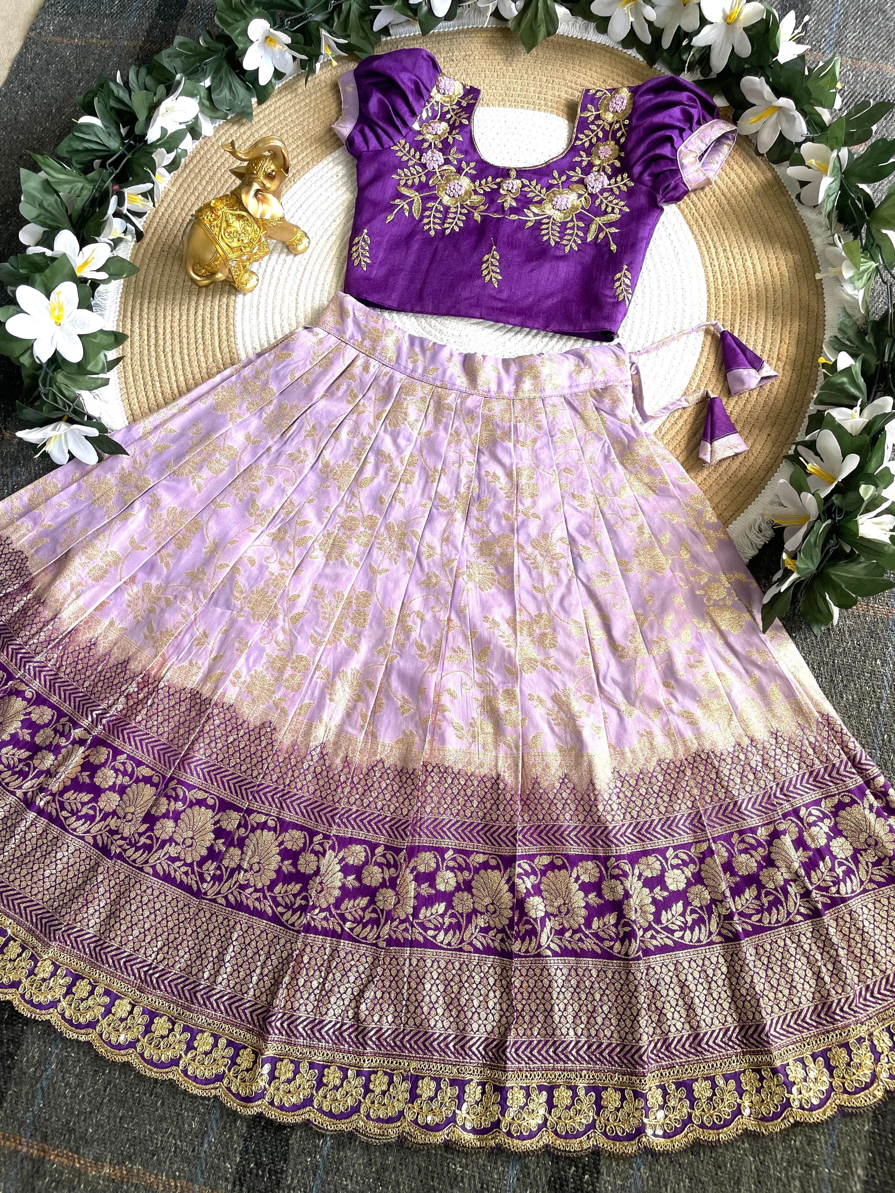 Purple Pure Mona Silk Heavy Maggam Work Kids Lehenga Choli