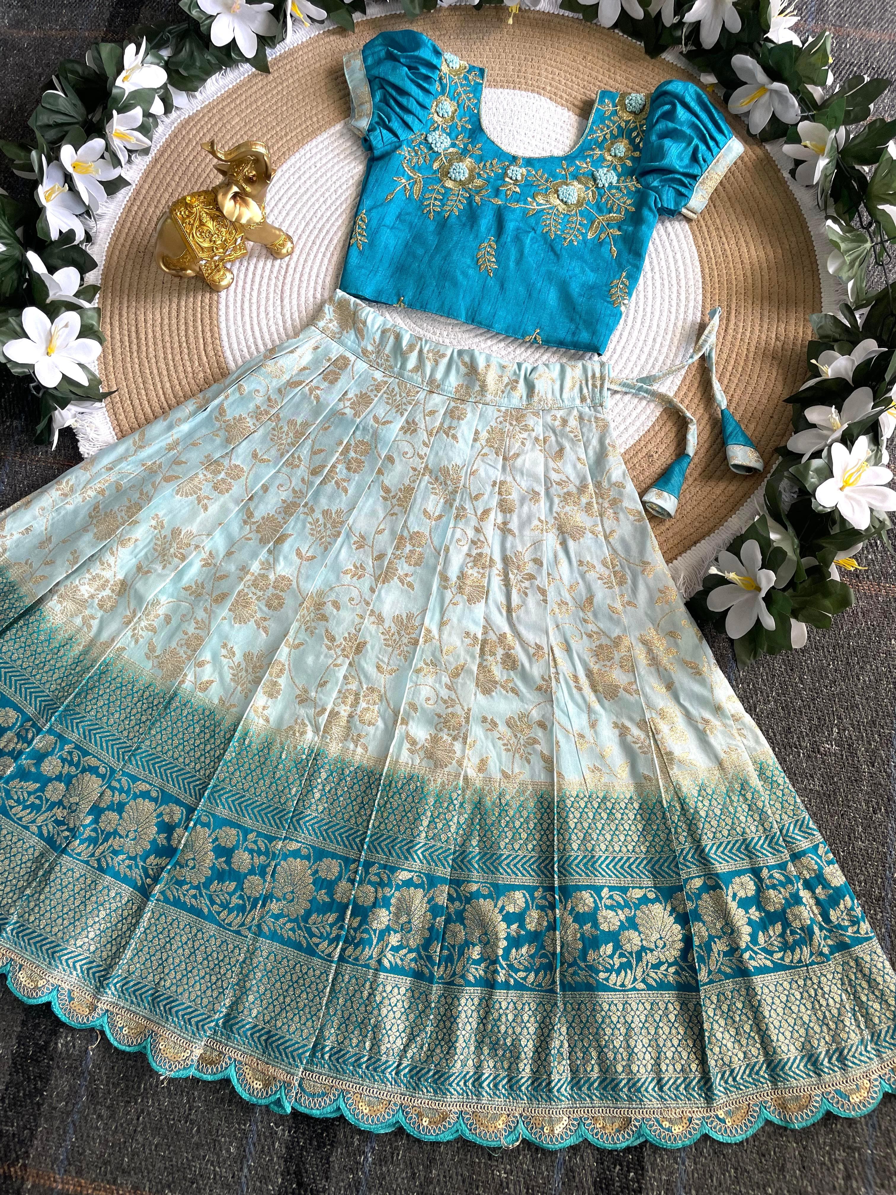 Sky Pure Mona Silk Heavy Maggam Work Kids Lehenga Choli