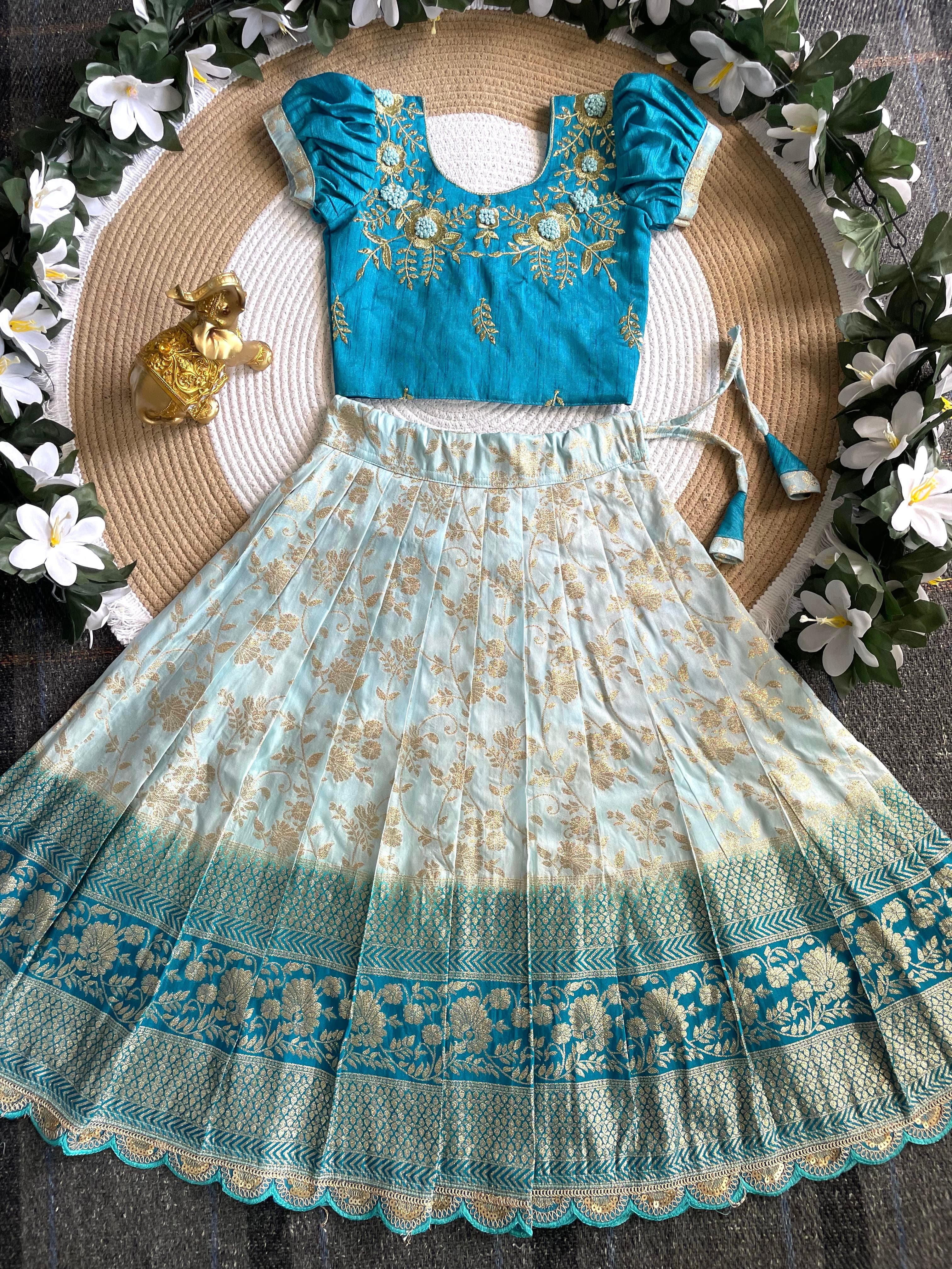 Sky Pure Mona Silk Heavy Maggam Work Kids Lehenga Choli