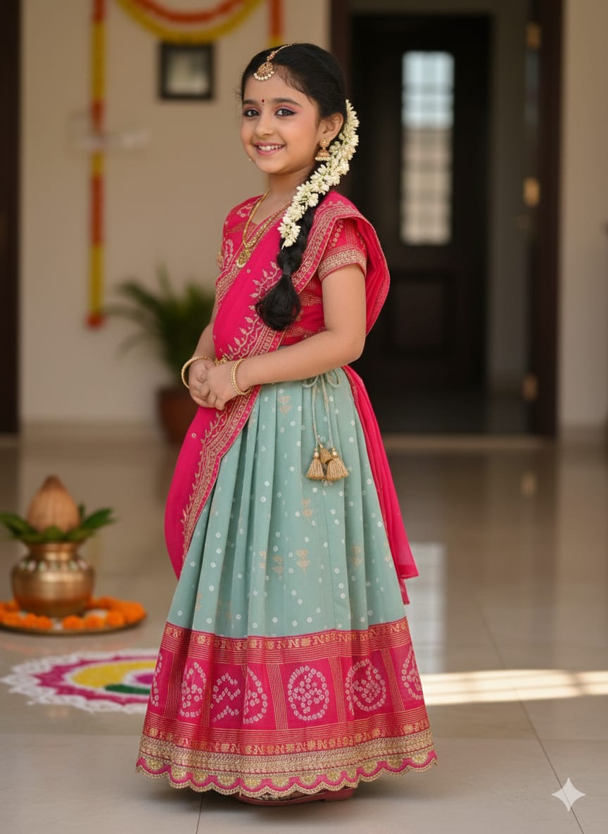 Green Pure Bandhani Silk Foil Print Kids Lehenga Choli
