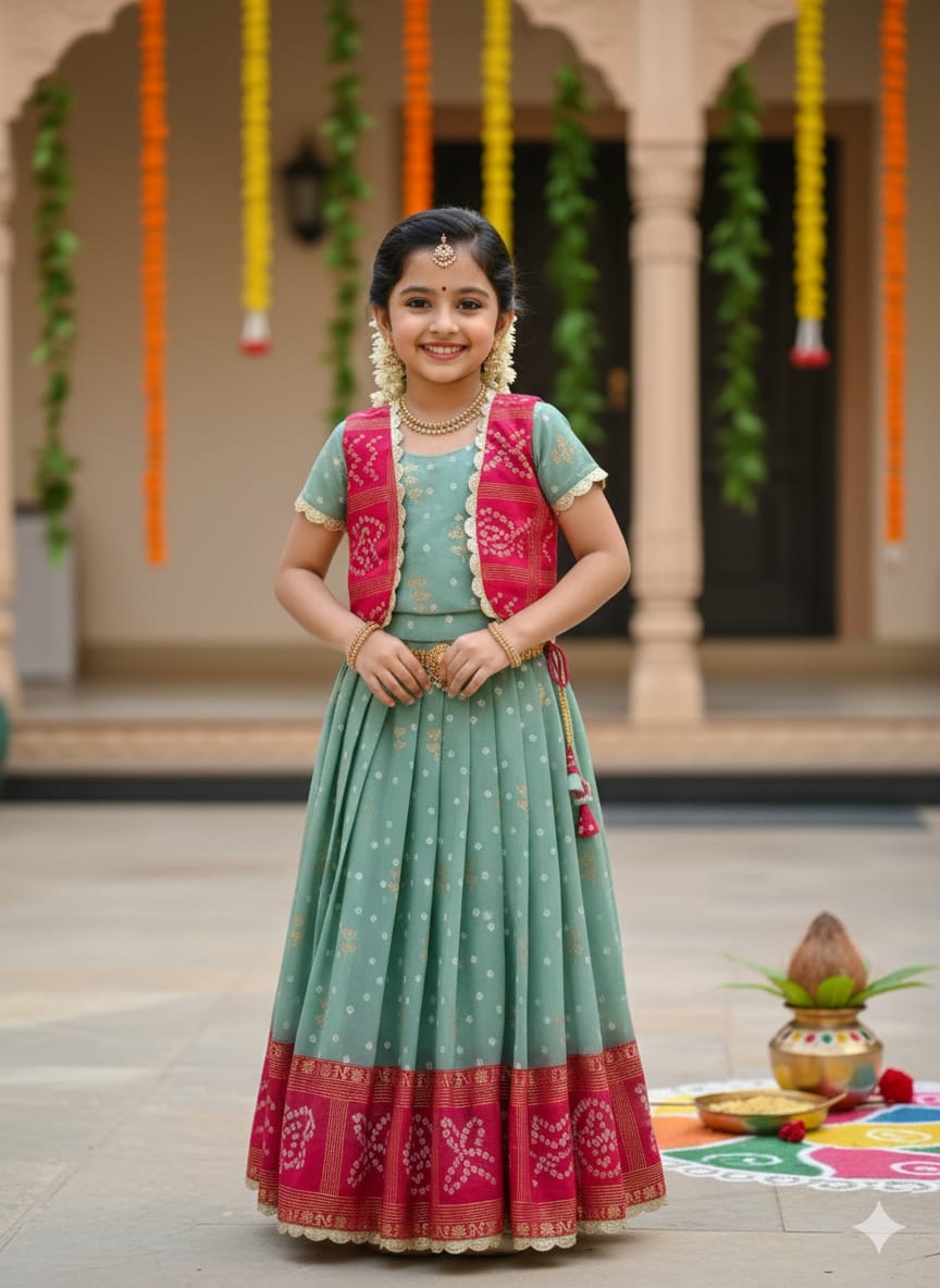 Green Pure Bandhani Silk Foil Print Kids Gown