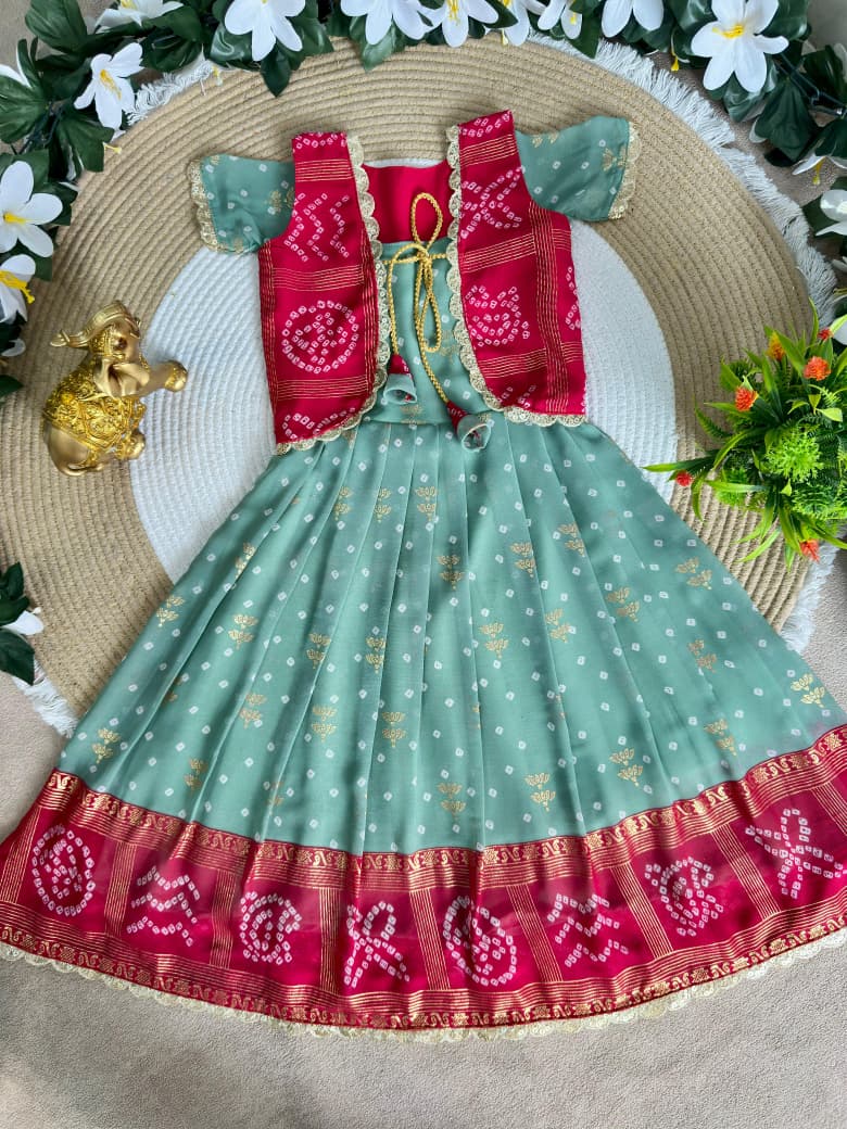 Green Pure Bandhani Silk Foil Print Kids Gown