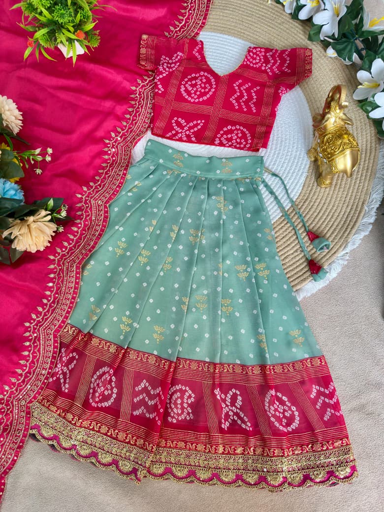 Green Pure Bandhani Silk Foil Print Kids Lehenga Choli