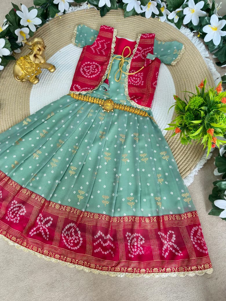 Green Pure Bandhani Silk Foil Print Kids Gown