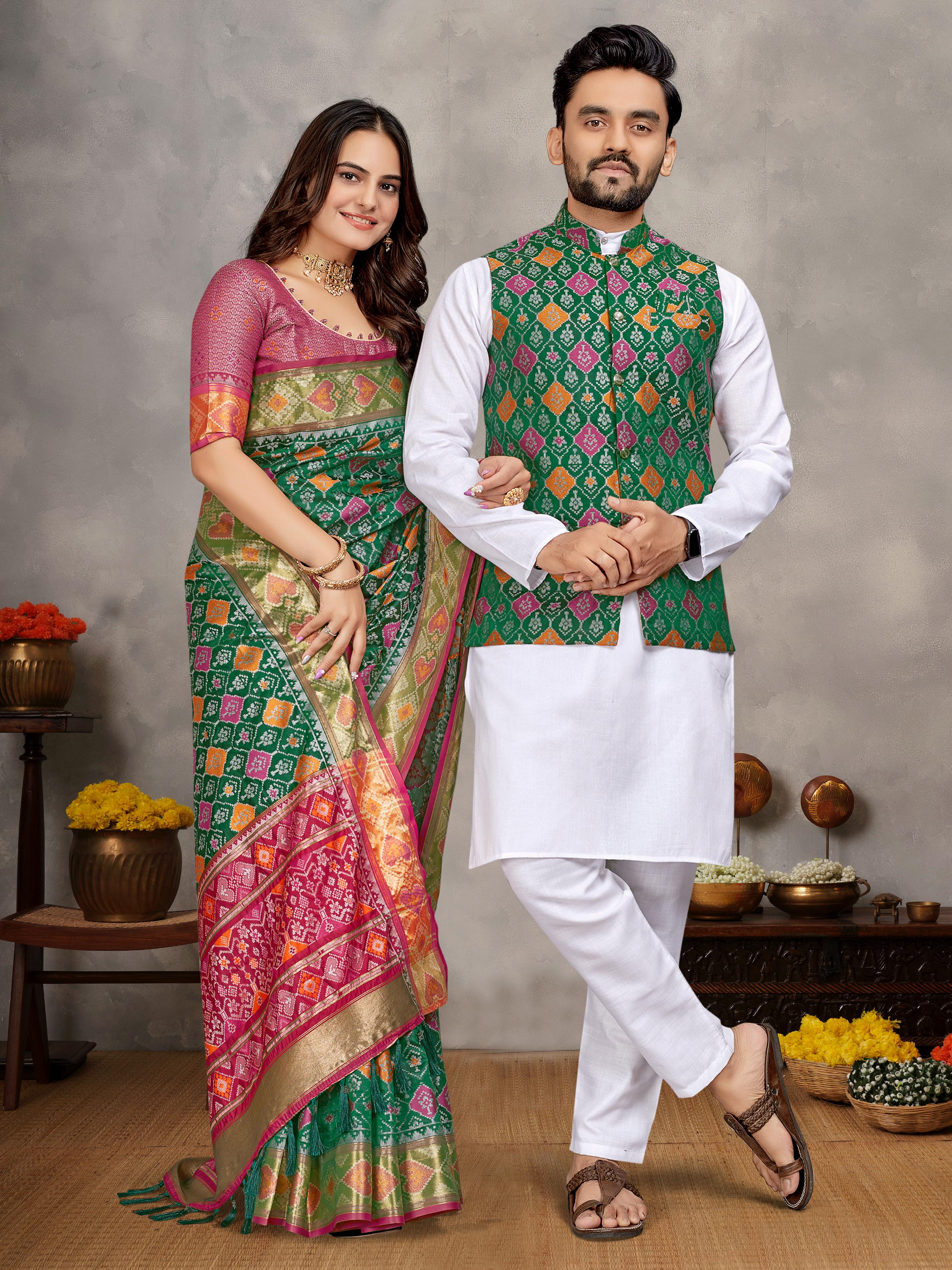 Green Pure Jecqard Weaving Silk Saree With Kurta Pajama Jacket Matching Couple Combo Set