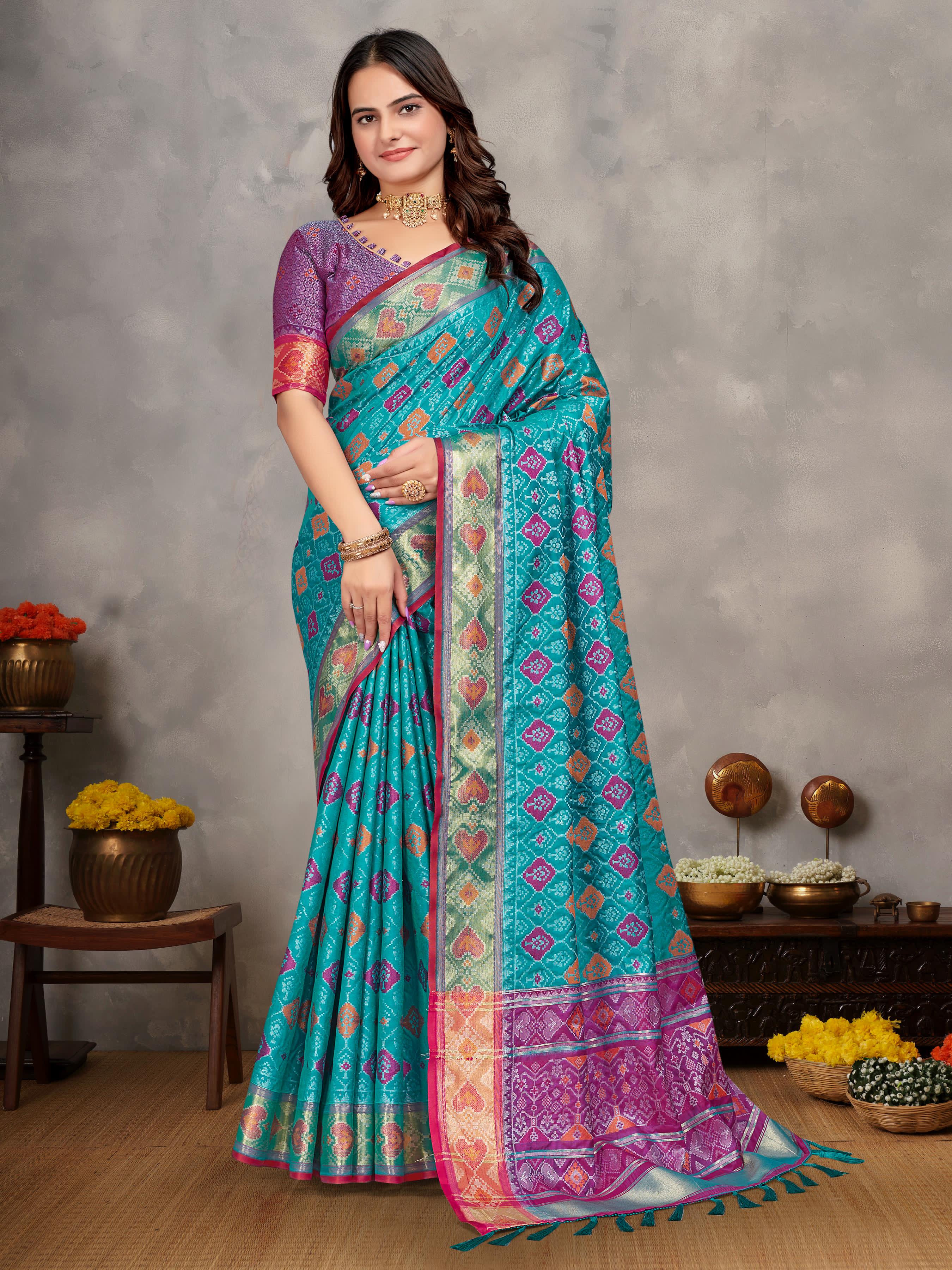 Sky Pure Jecqard Weaving Silk Saree With Kurta Pajama Jacket Matching Couple Combo Set