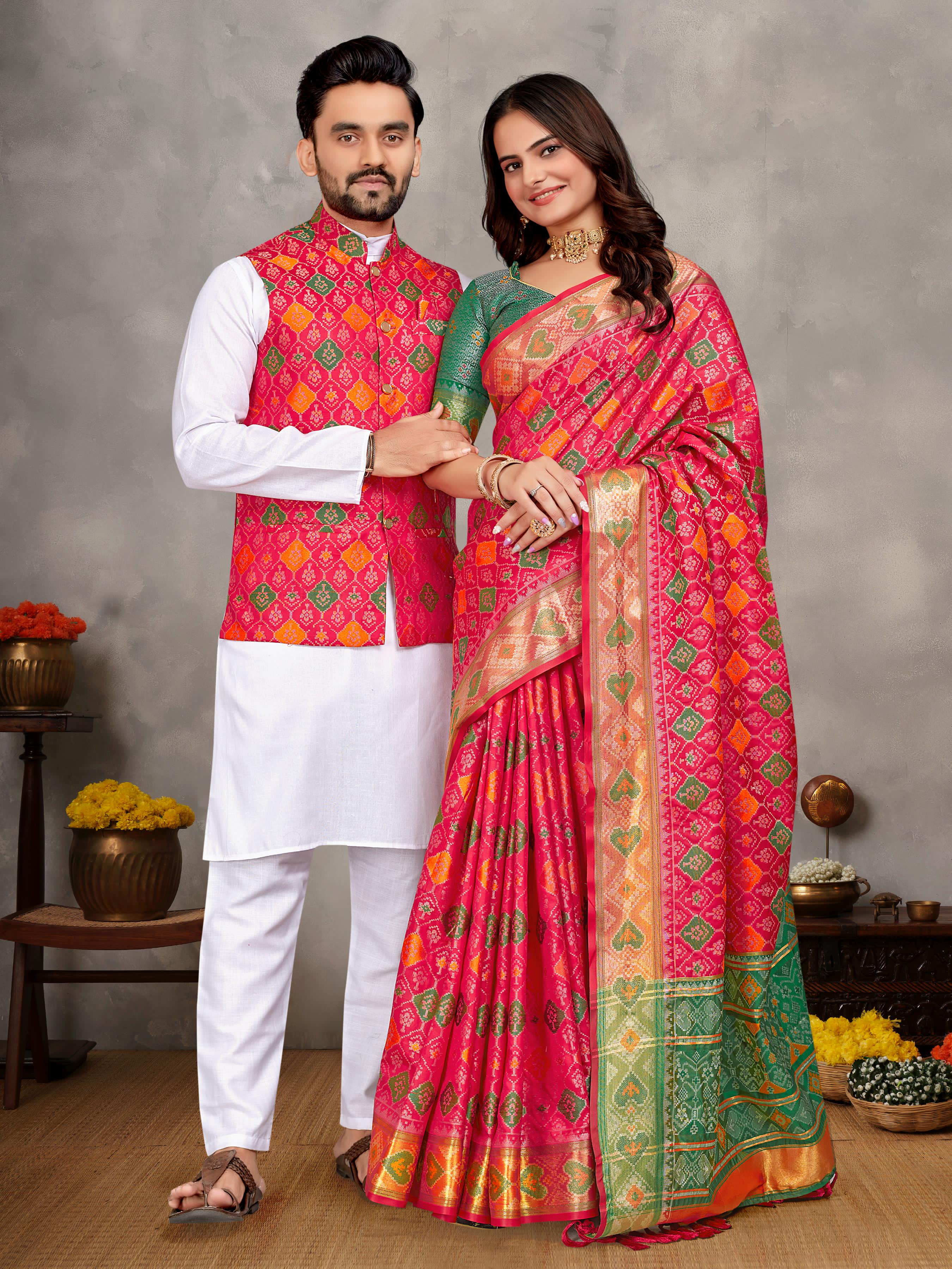 Red Pure Jecqard Weaving Silk Saree With Kurta Pajama Jacket Matching Couple Combo Set