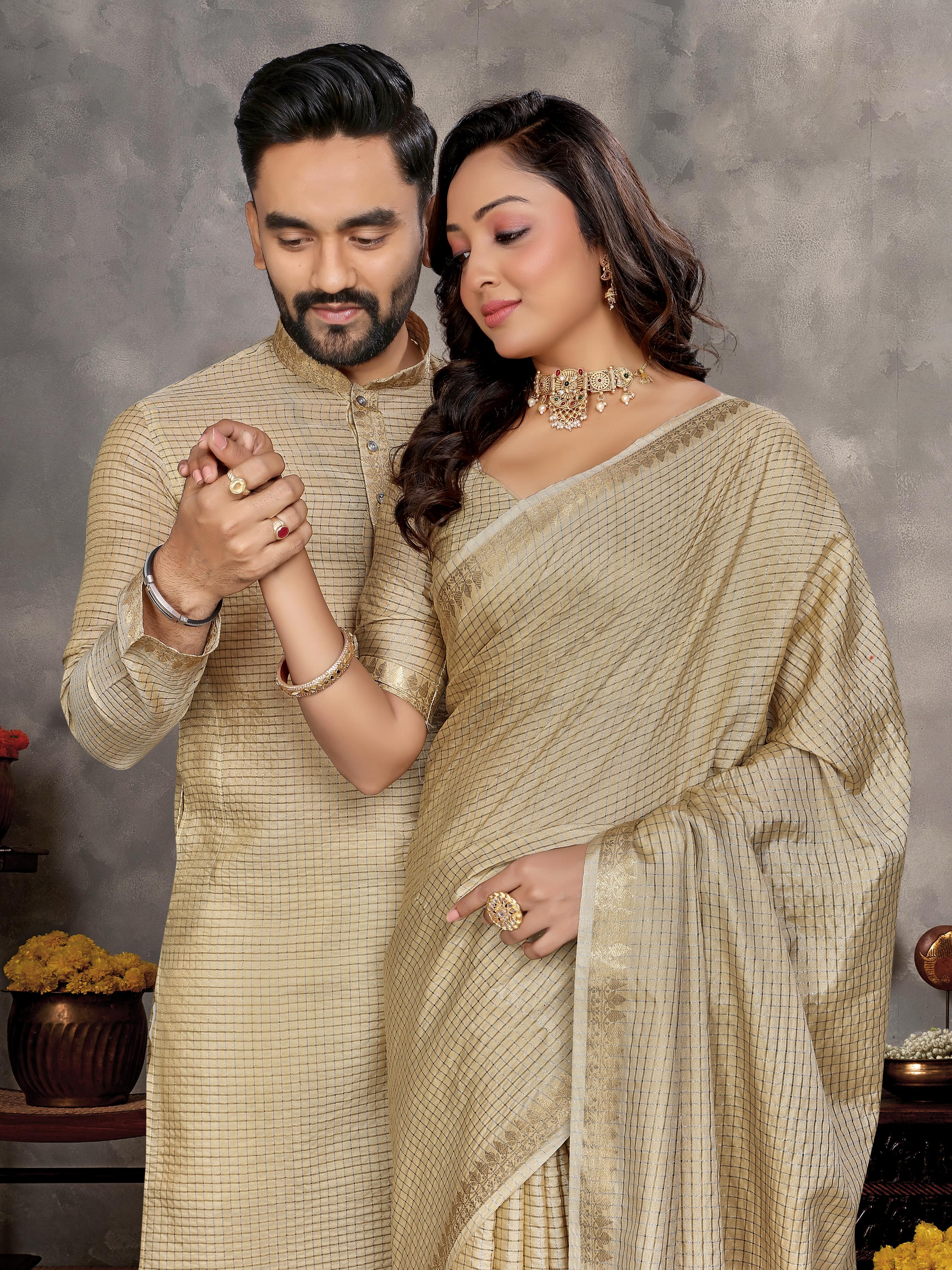 Chiku Pure Jari Checks Silk Saree With Kurta Pajama Matching Couple Combo Set