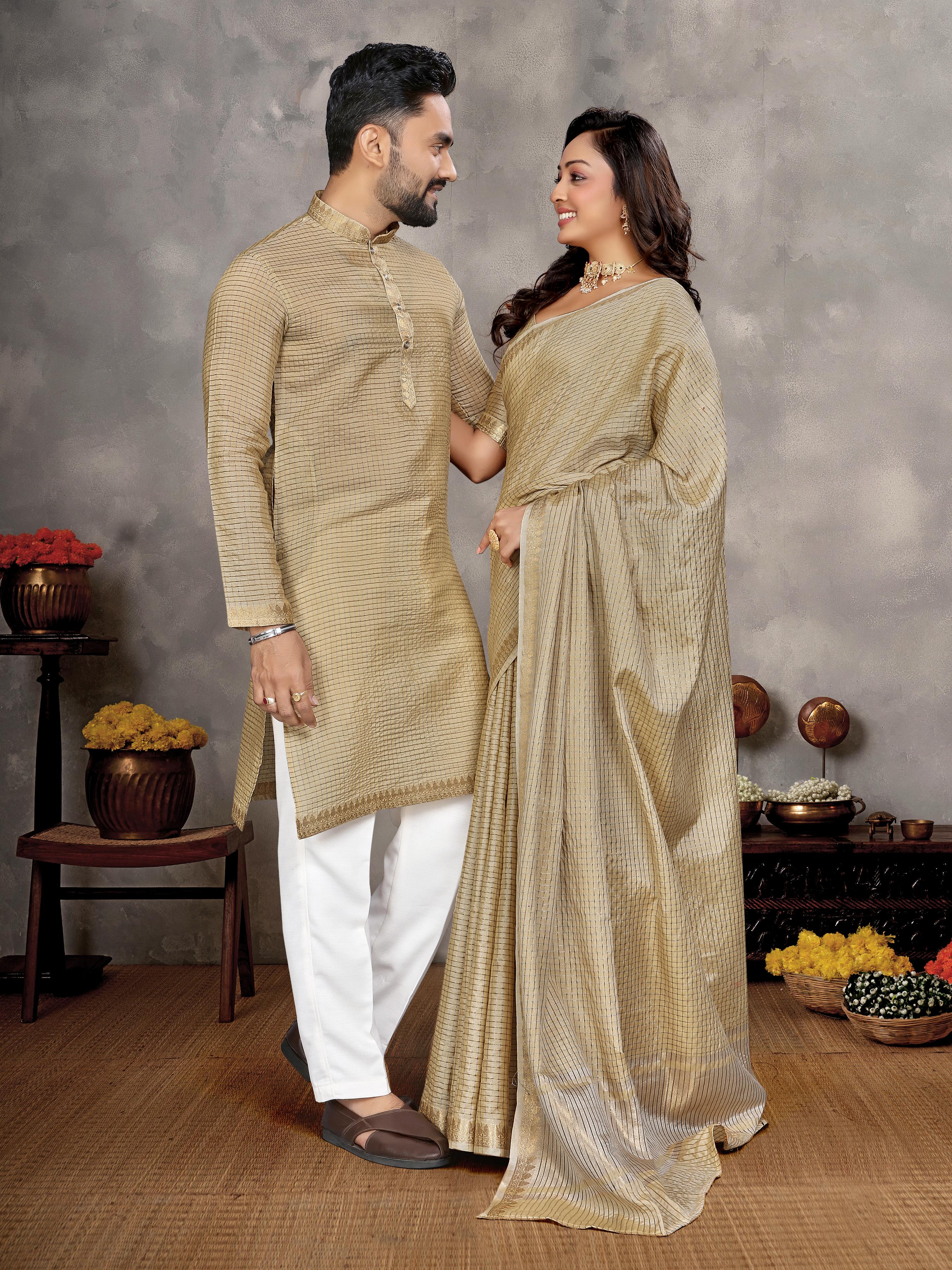 Chiku Pure Jari Checks Silk Saree With Kurta Pajama Matching Couple Combo Set