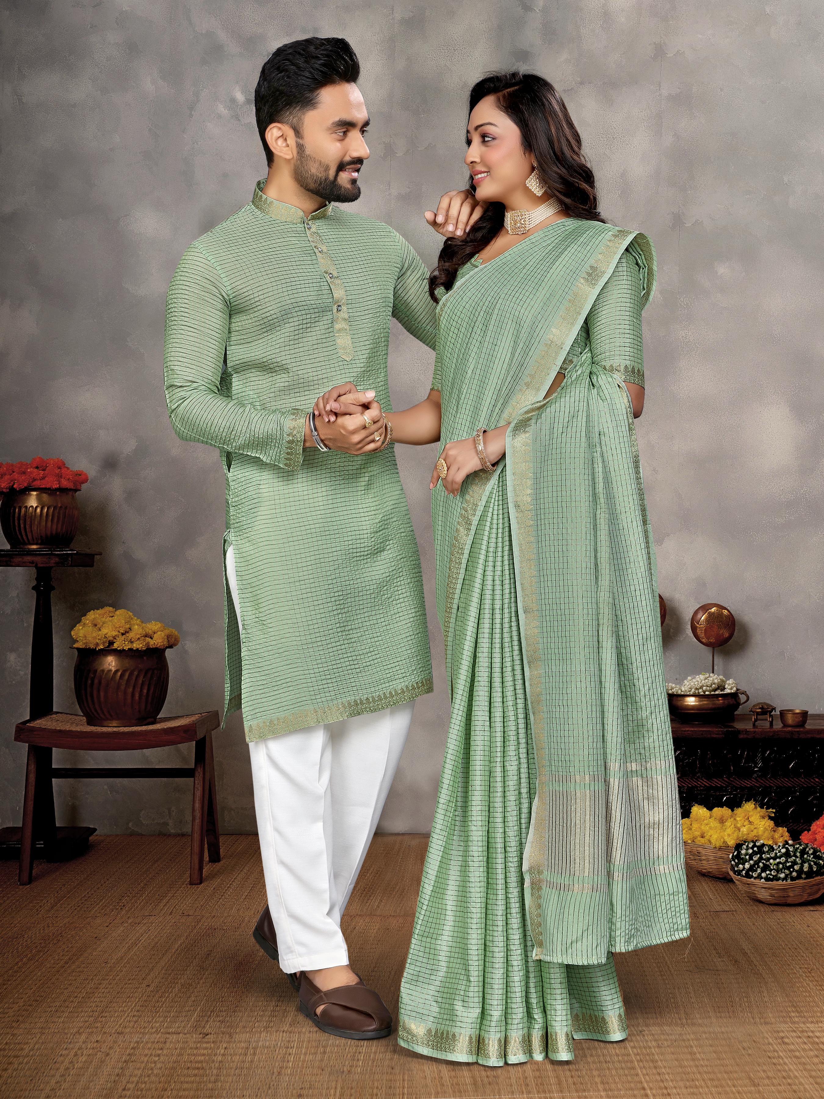 Green Pure Jari Checks Silk Saree With Kurta Pajama Matching Couple Combo Set