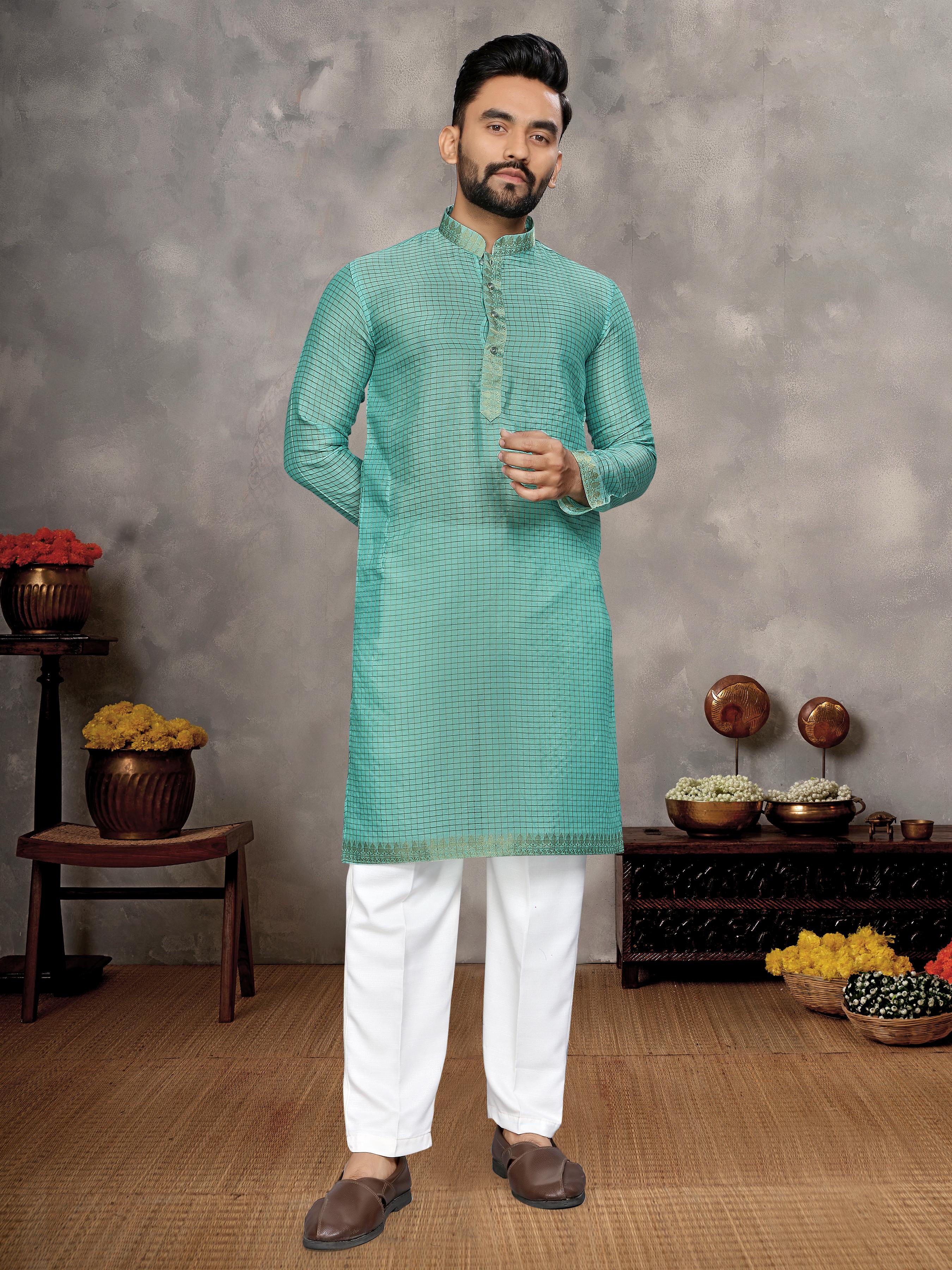 Sea Green Pure Jari Checks Silk Saree With Kurta Pajama Matching Couple Combo Set