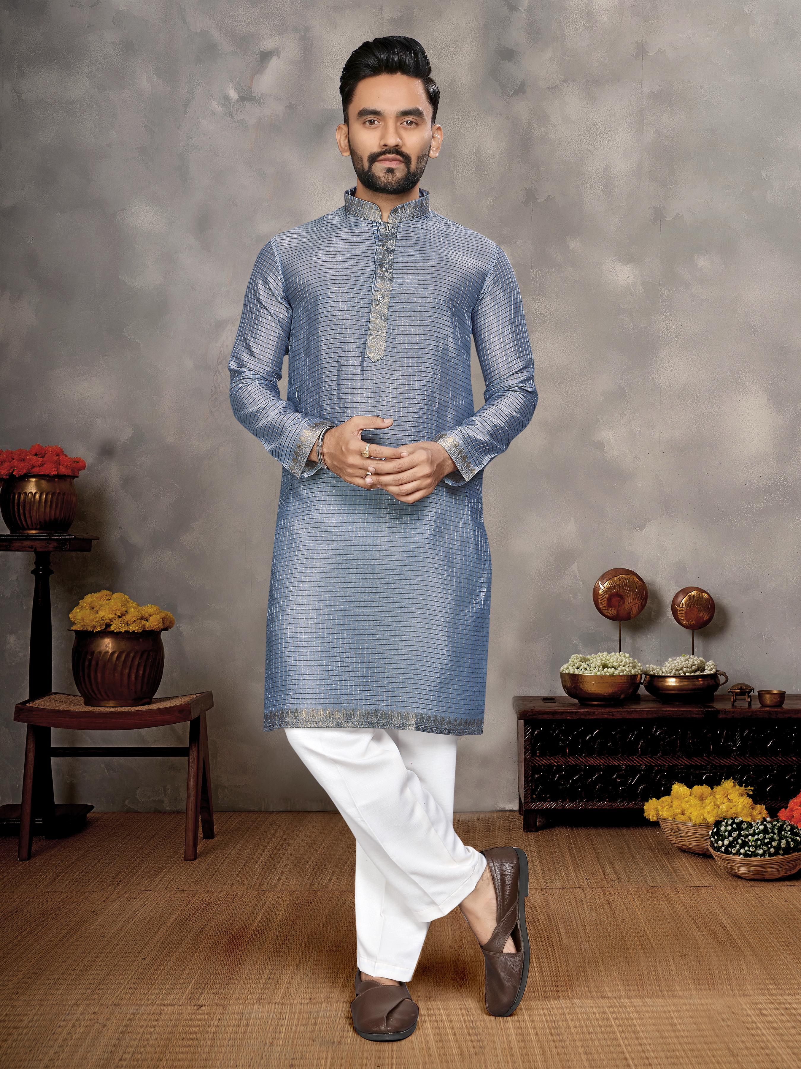 Blue Pure Jari Checks Silk Saree With Kurta Pajama Matching Couple Combo Set