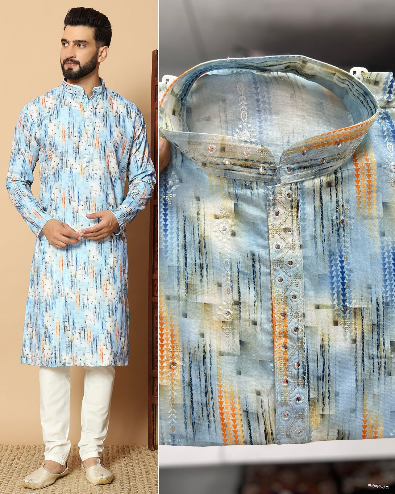 Sky Pure Linen Cotton Printed with Embroidery sequins Work Kurta Pajama