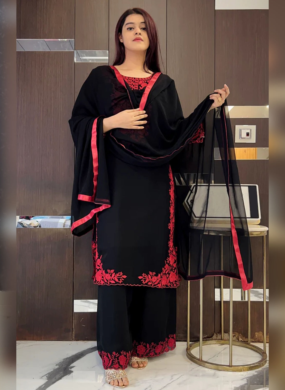Black Pure Soft Georgette Kurti Pent With Dupatta Set