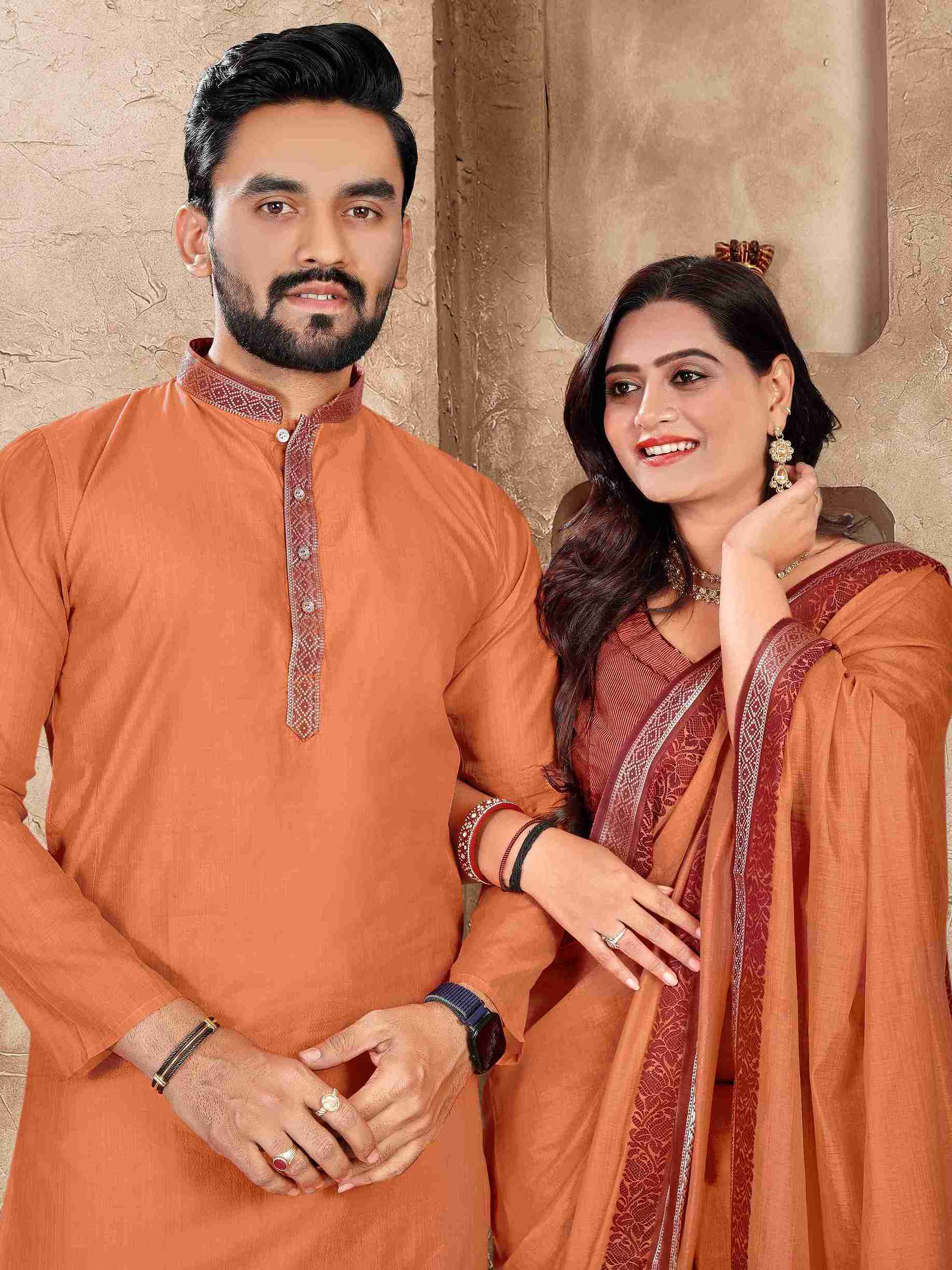Orange Pure Linen Silk Saree With Kurta Pajama Matching Couple Combo Set