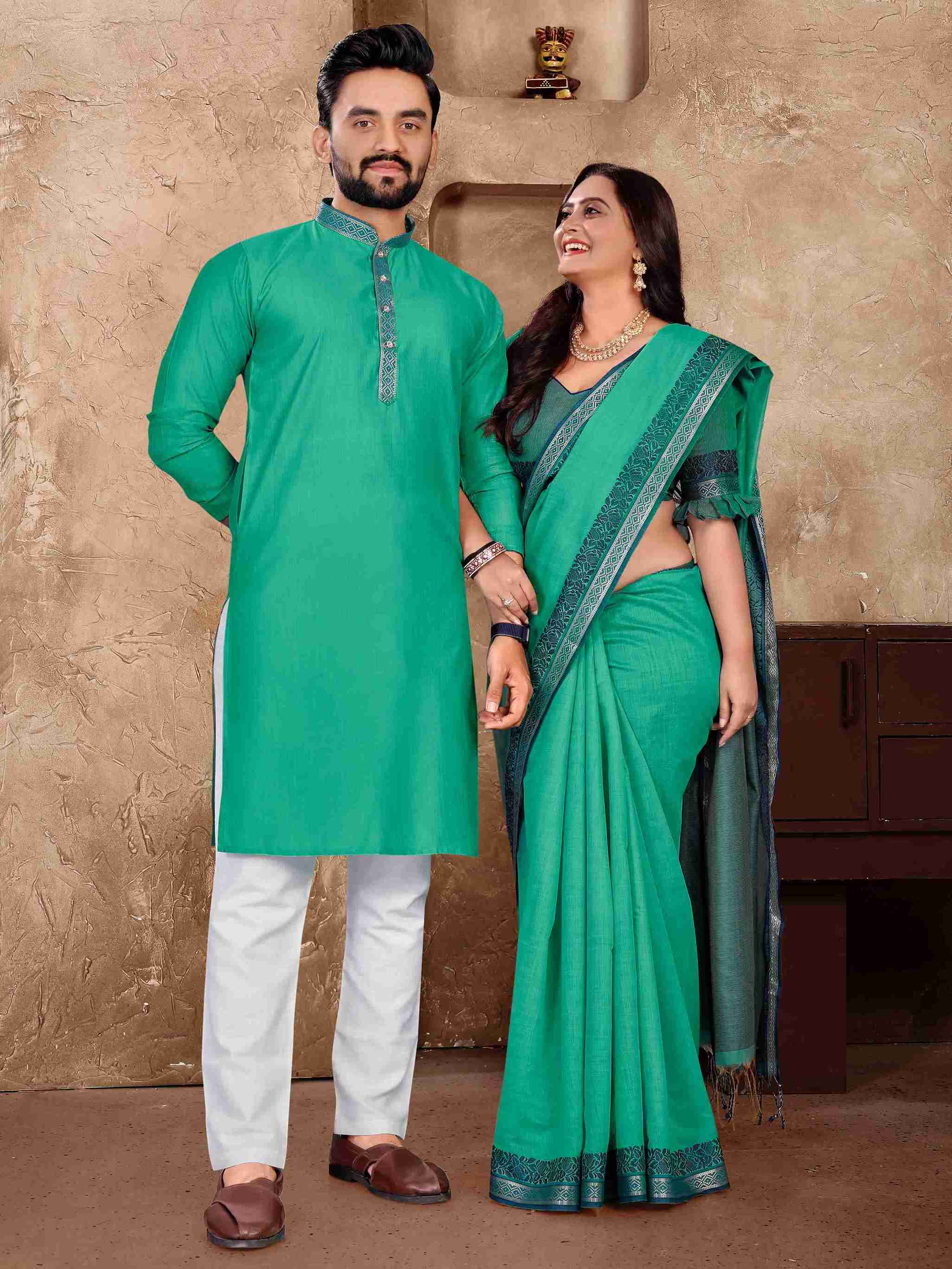 Rama Pure Linen Silk Saree With Kurta Pajama Matching Couple Combo Set