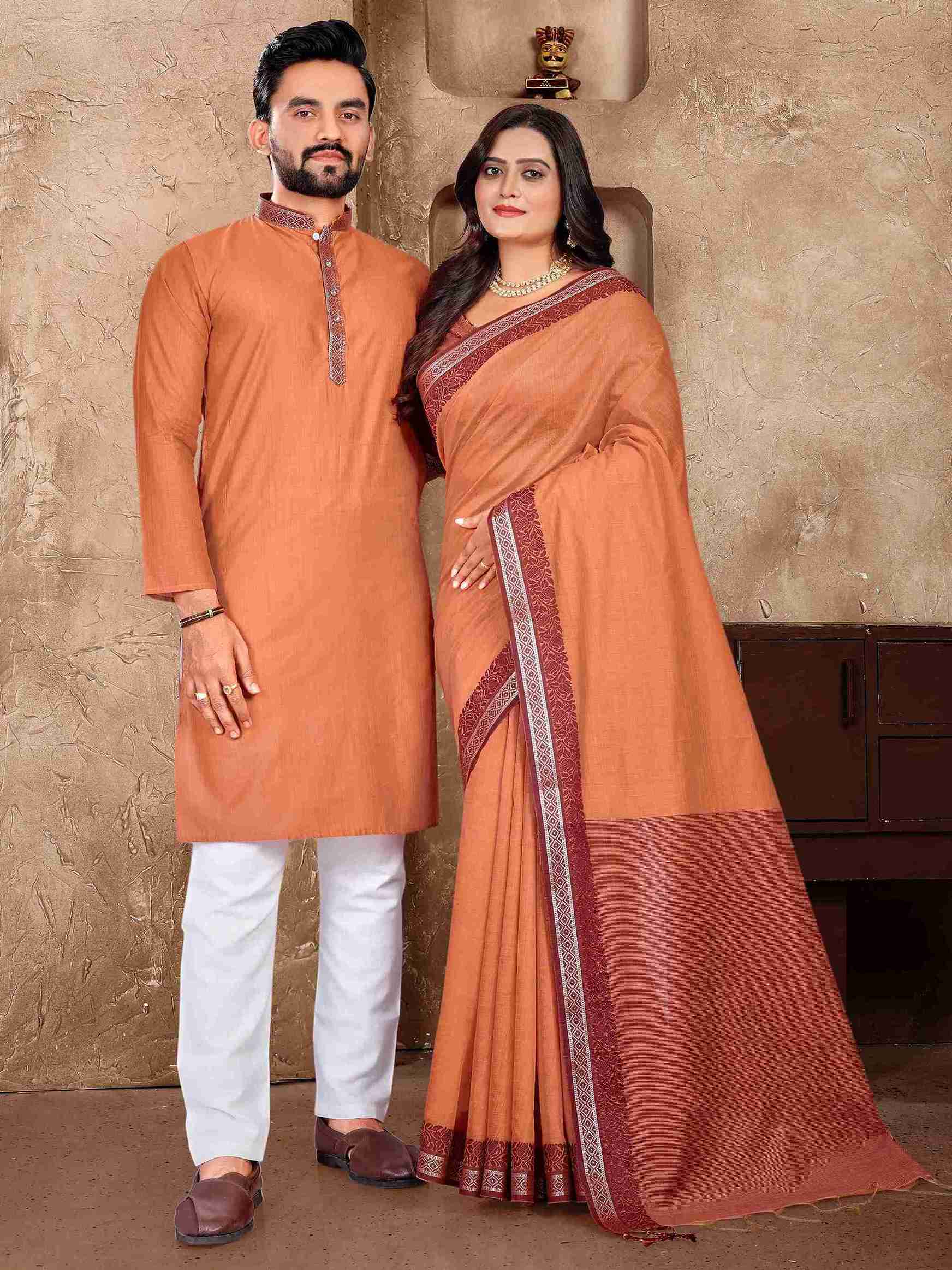 Orange Pure Linen Silk Saree With Kurta Pajama Matching Couple Combo Set
