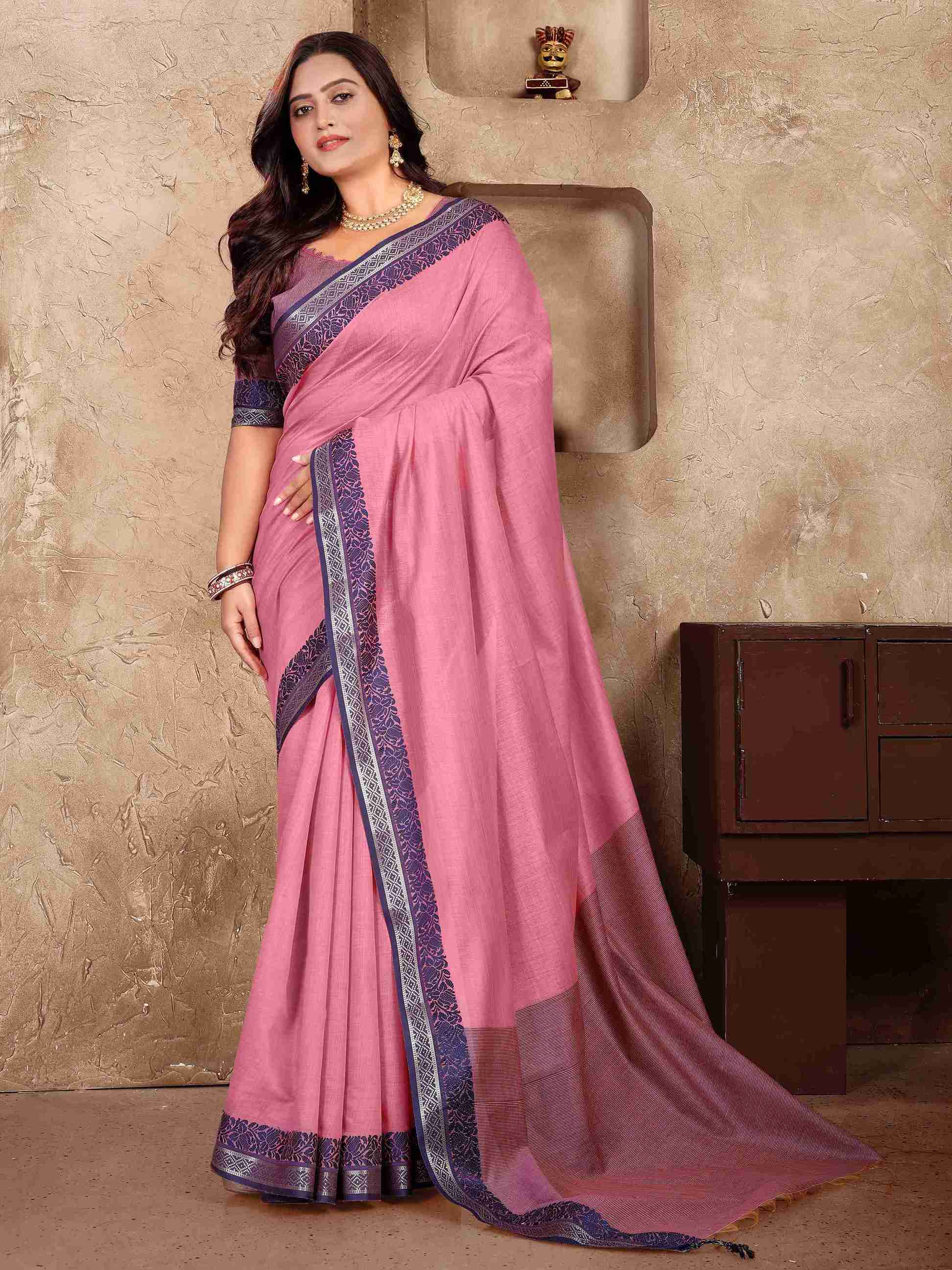 Pink Pure Linen Silk Saree With Kurta Pajama Matching Couple Combo Set