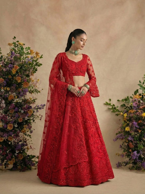 Red Pure Soft Heavy Net Sequins Embroidery Work Bridal Lehenga Choli