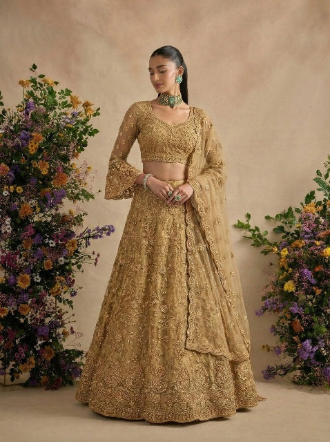 Golden Pure Soft Heavy Net Sequins Embroidery Work Bridal Lehenga Choli