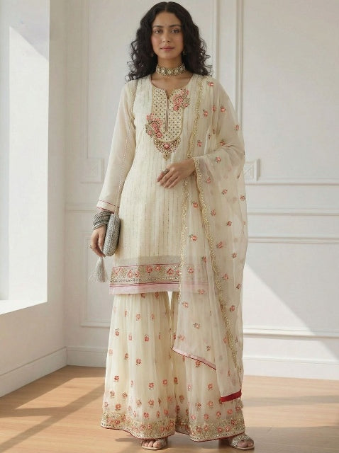 White Pure Soft Georgette Heavy Embroidery Work Sharara Suit