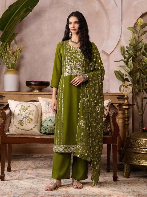 Green Pure Soft Organza Silk Embroidery Work Salwar Suit