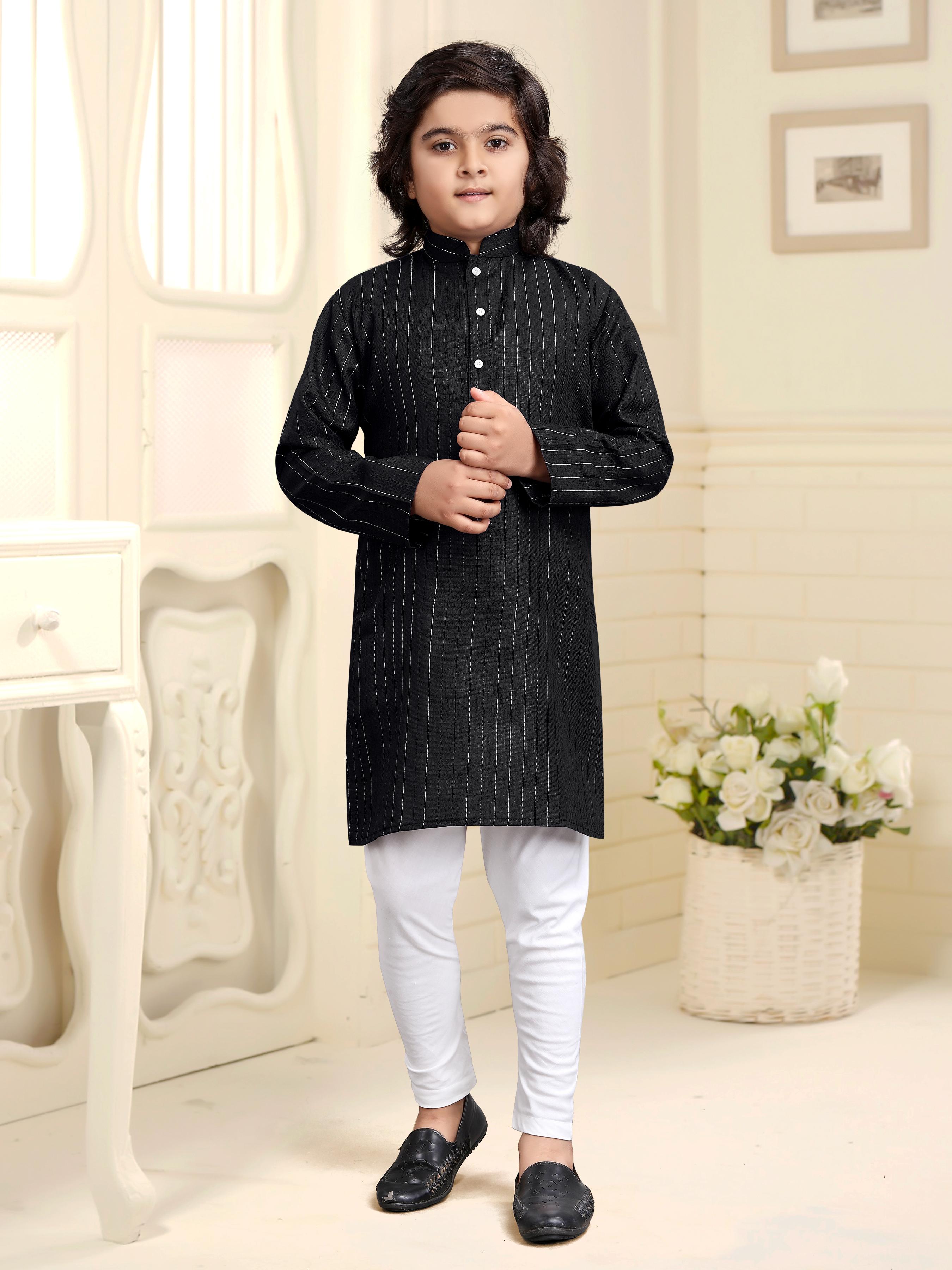 Black Pure Soft Cotton Printed Kids Boy Kurta Pajama
