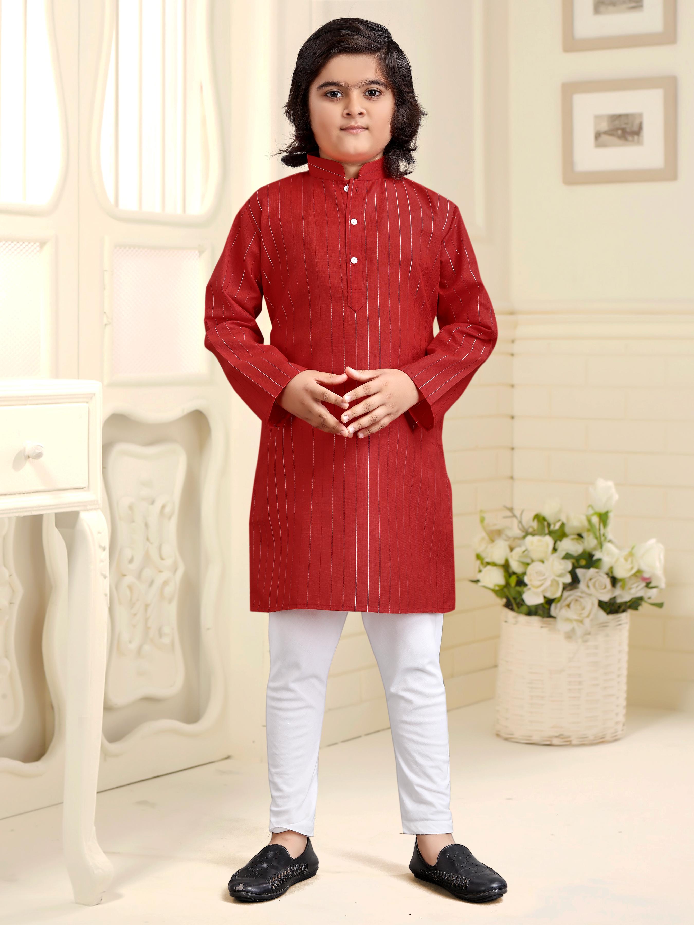 Red Pure Soft Cotton Printed Kids Boy Kurta Pajama