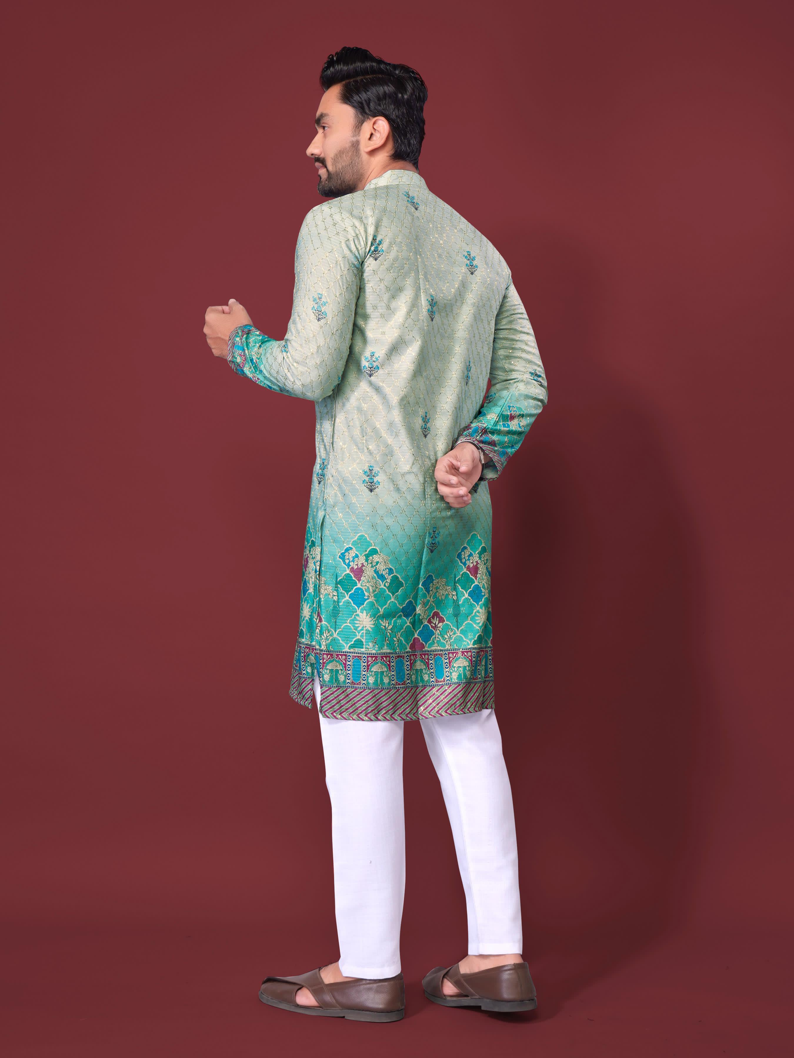 Sea Green Pure Cotton Reyon Printed with Embroidery sequins Work Kurta Pajama