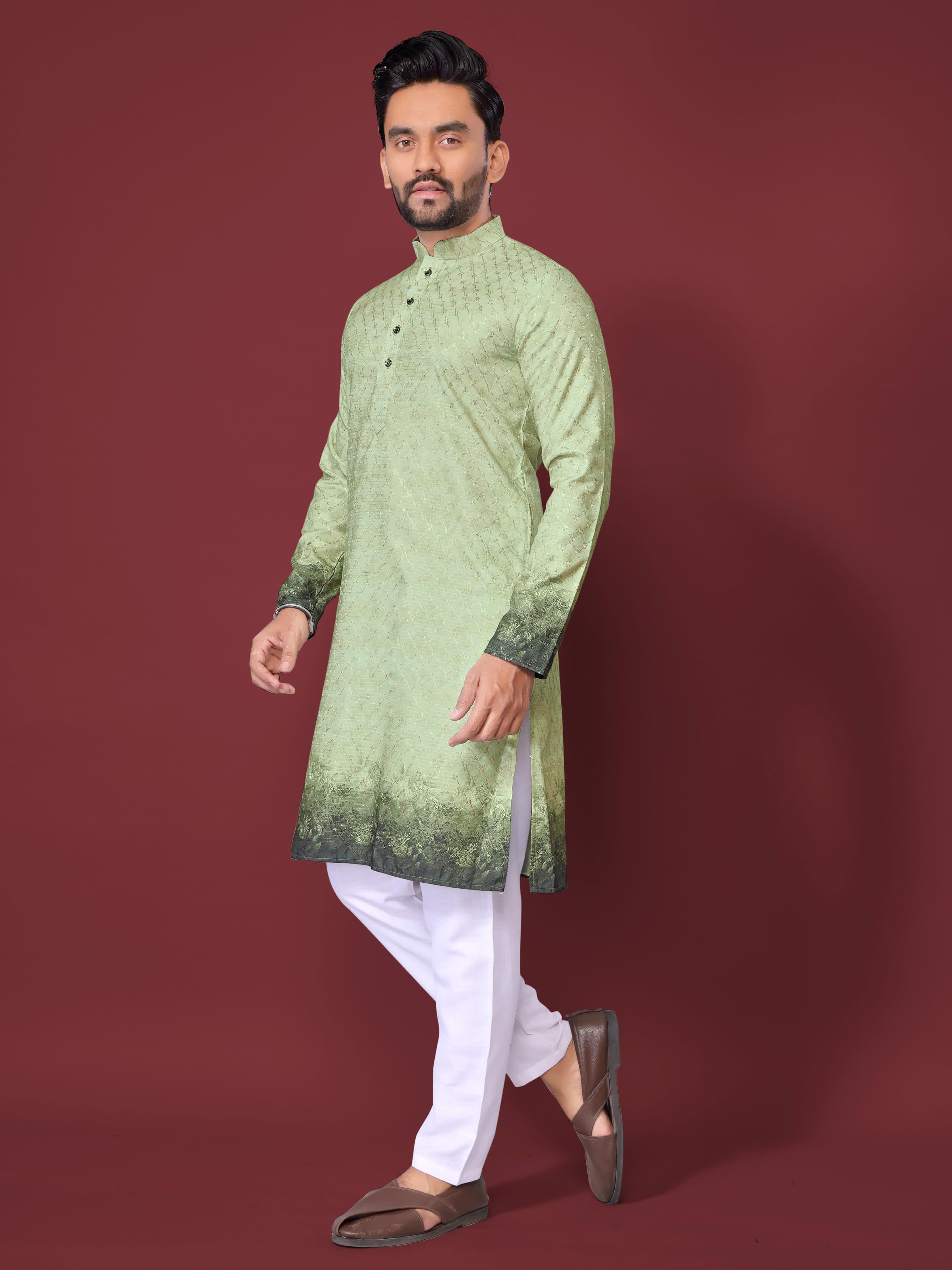 Green Pure Cotton Reyon Printed with Embroidery sequins Work Kurta Pajama