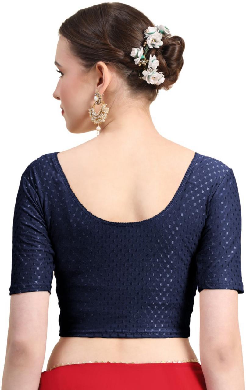 Blue Dobby Cotton Lycra Elegant Round Neck Design Stretchable Blouse