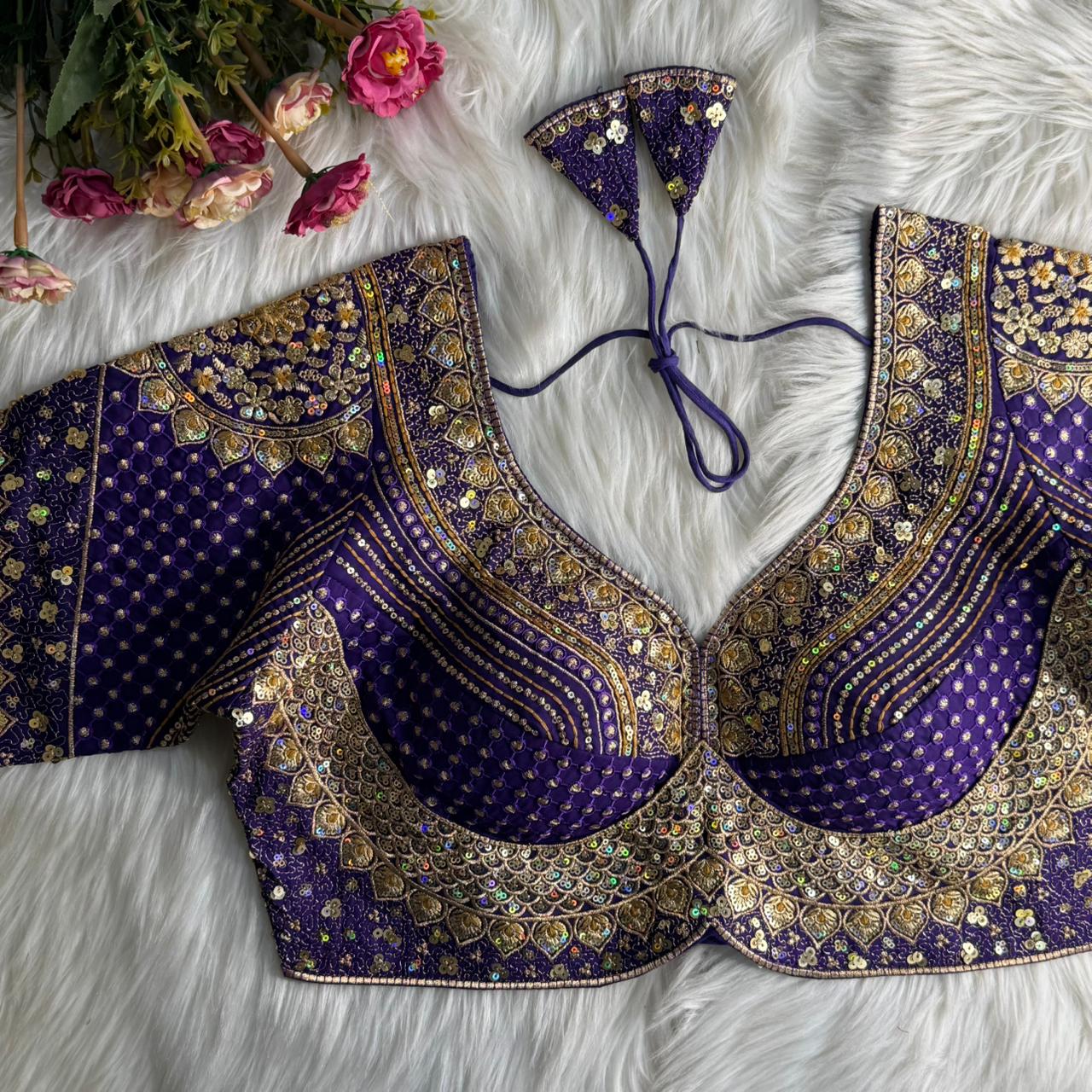 Blue Pure Soft Roman Silk Gold Jari and Sequence Work Blouse