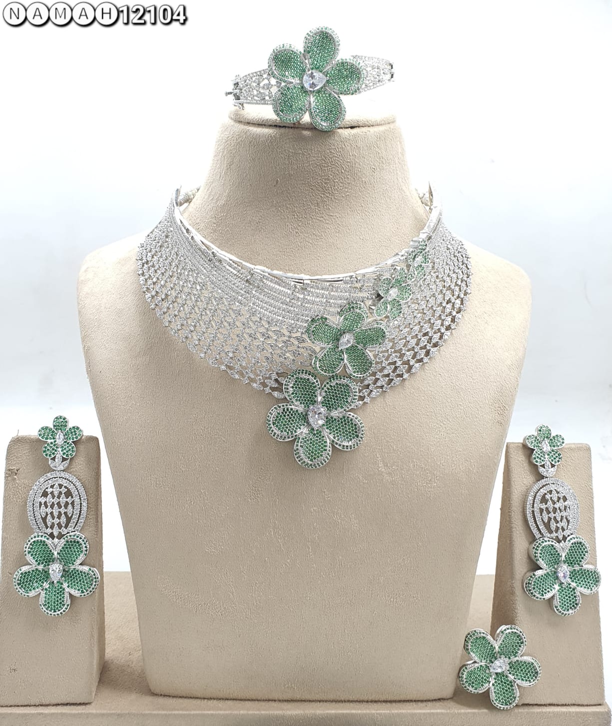 Green American Diamond Necklace Set