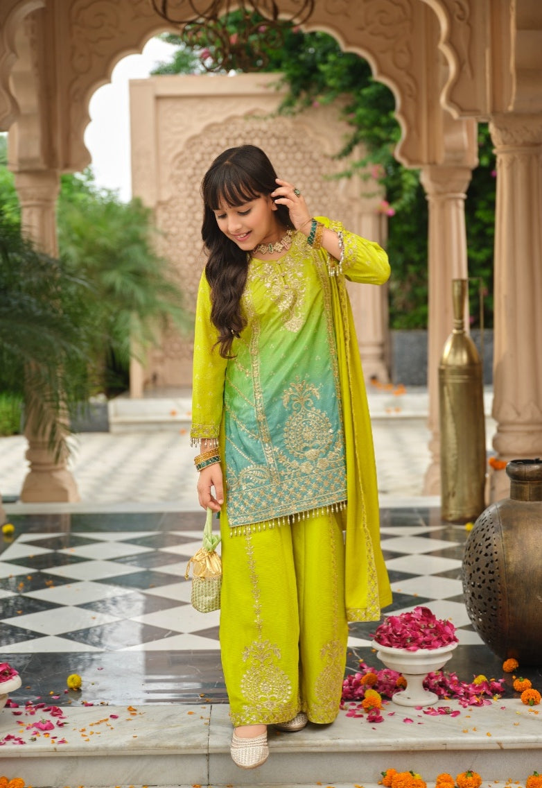 Green Pure Chinon Digital Print With Embroidery Work Girls Kids Chudidar