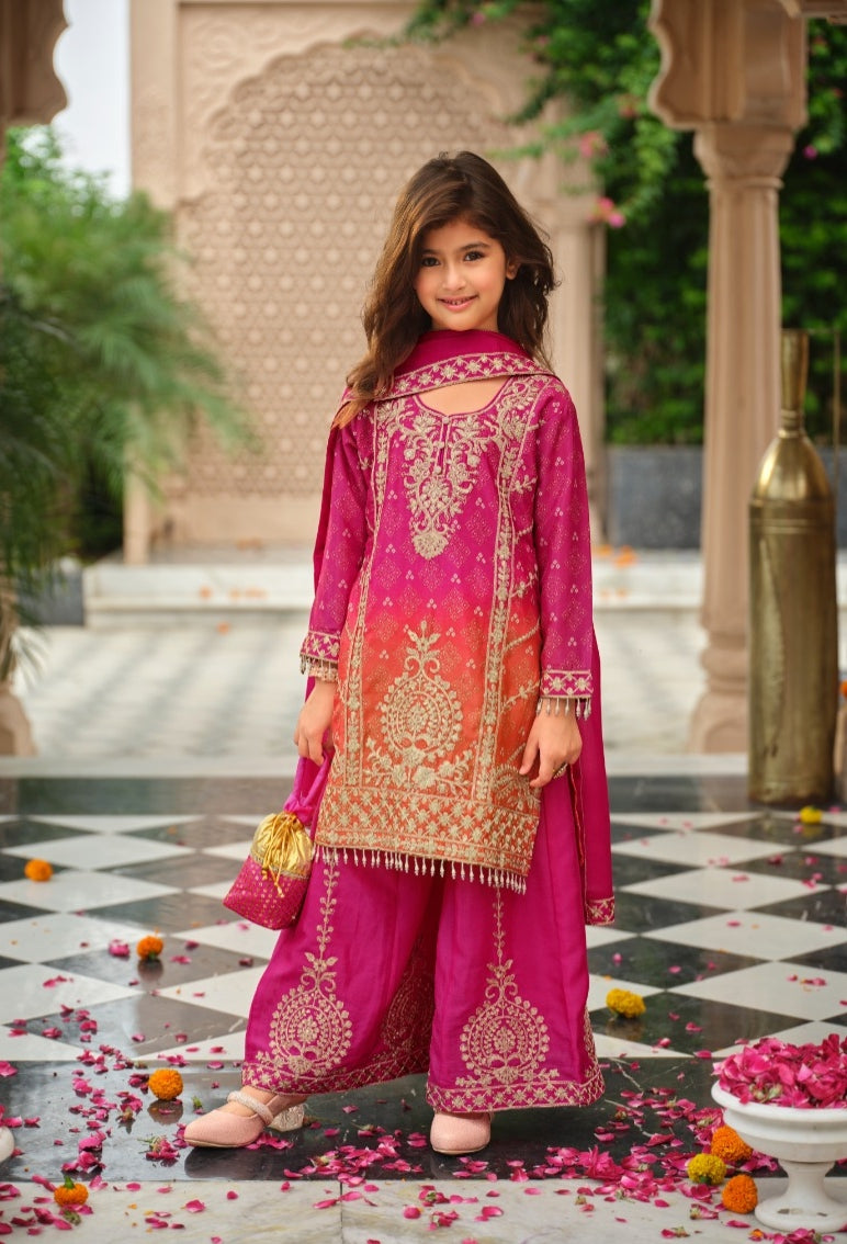 Rani Pure Chinon Digital Print With Embroidery Work Girls Kids Chudidar