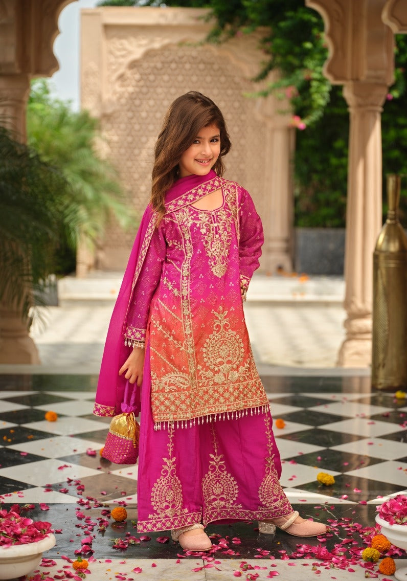 Rani Pure Chinon Digital Print With Embroidery Work Girls Kids Chudidar