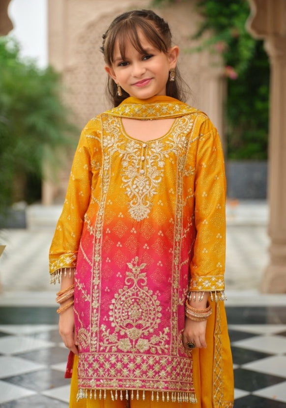Yellow Pure Chinon Digital Print With Embroidery Work Girls Kids Chudidar