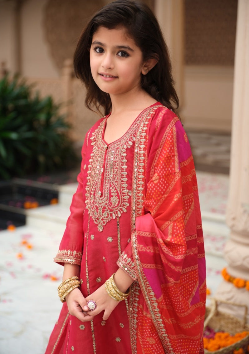 Red Pure Simer With Embroidery Work Girls Kids Chudidar