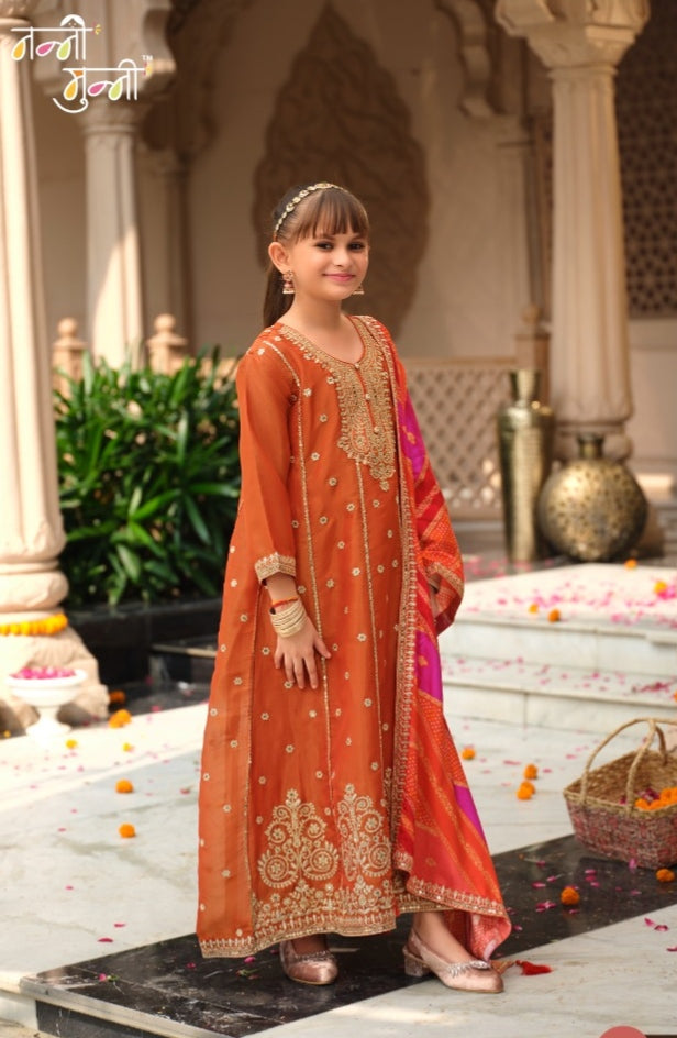 Orange Pure Simer With Embroidery Work Girls Kids Chudidar