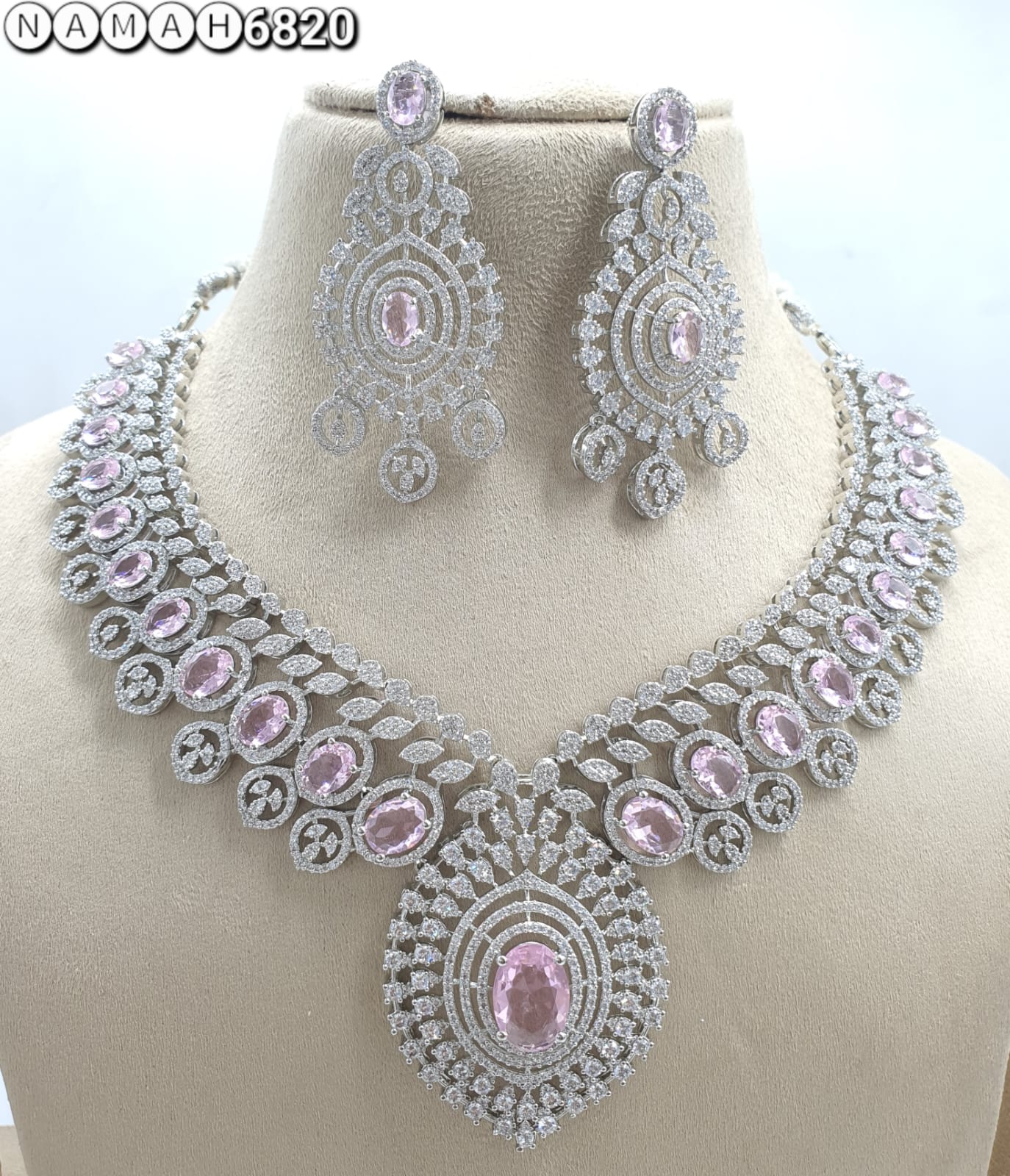 Baby Pink Green American Diamond Necklace Set