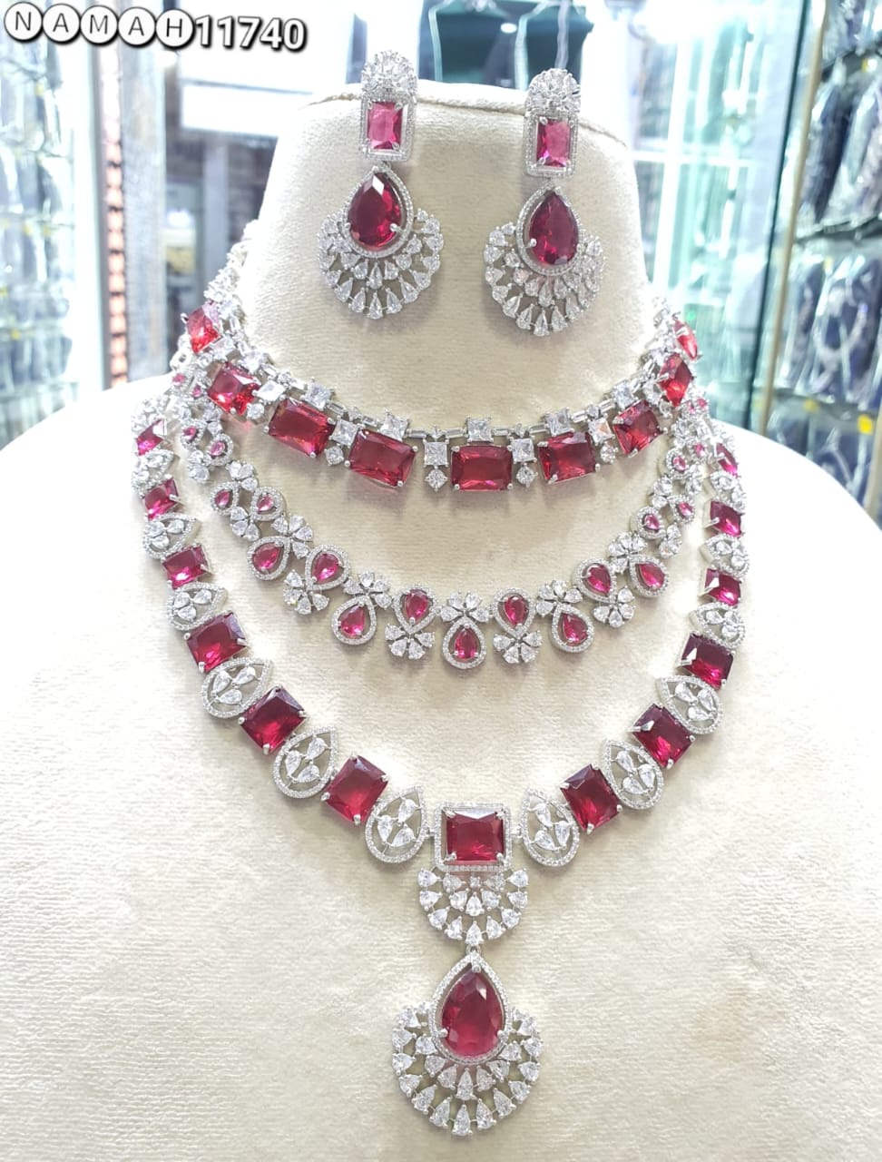 Red American Diamond Necklace Set