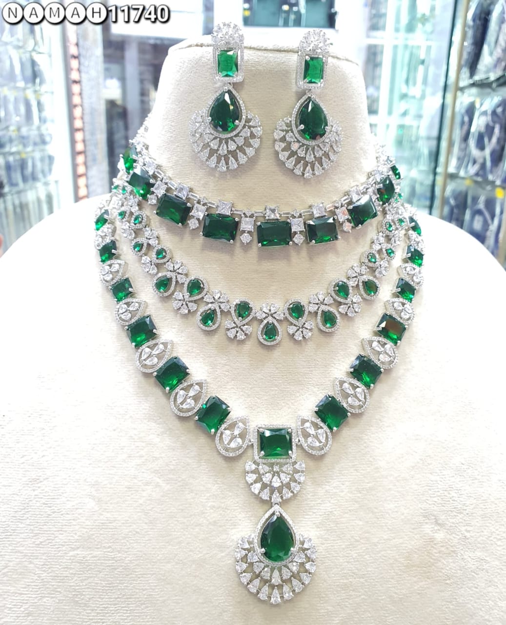 Green American Diamond Necklace Set