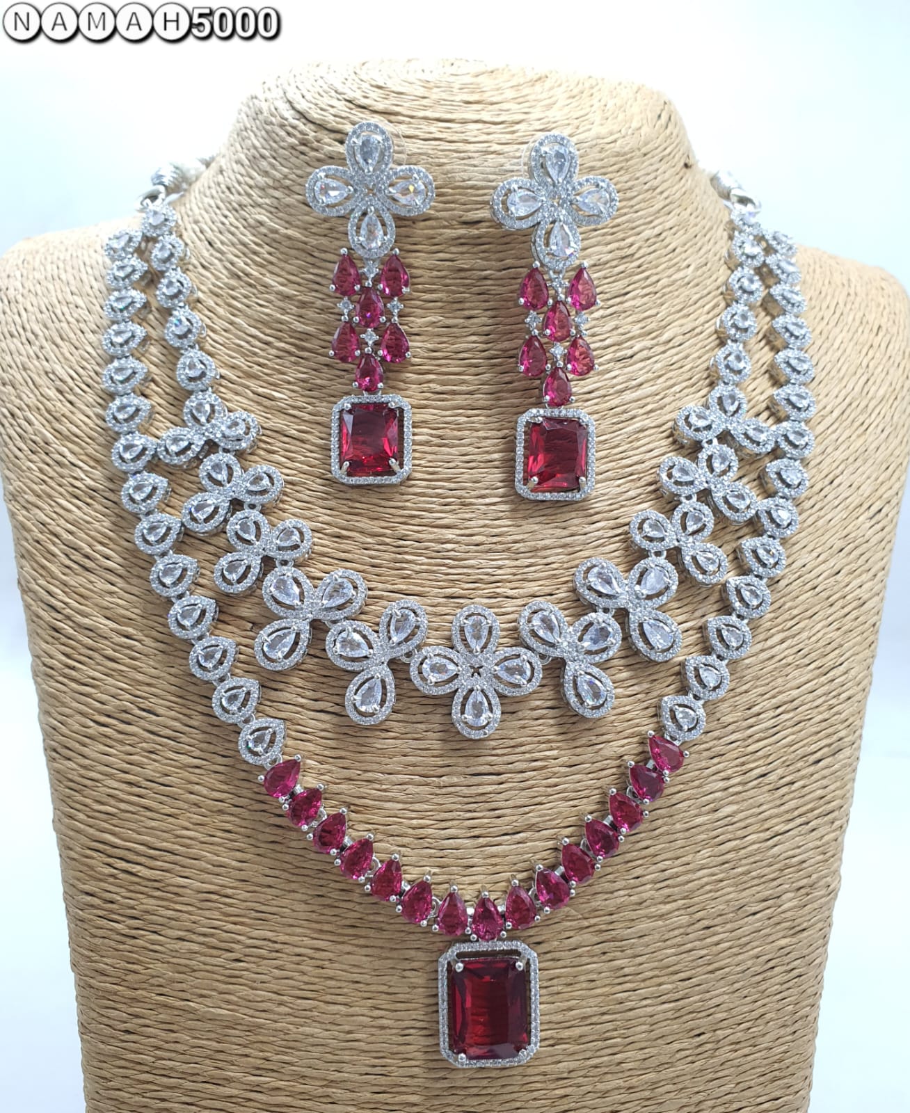 Red American Diamond Necklace Set