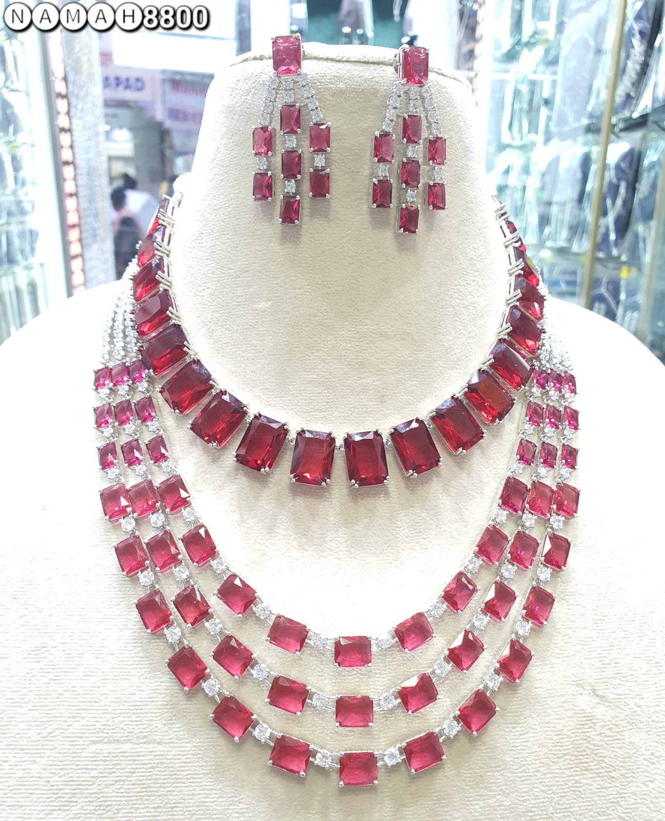 Red American Diamond Necklace Set
